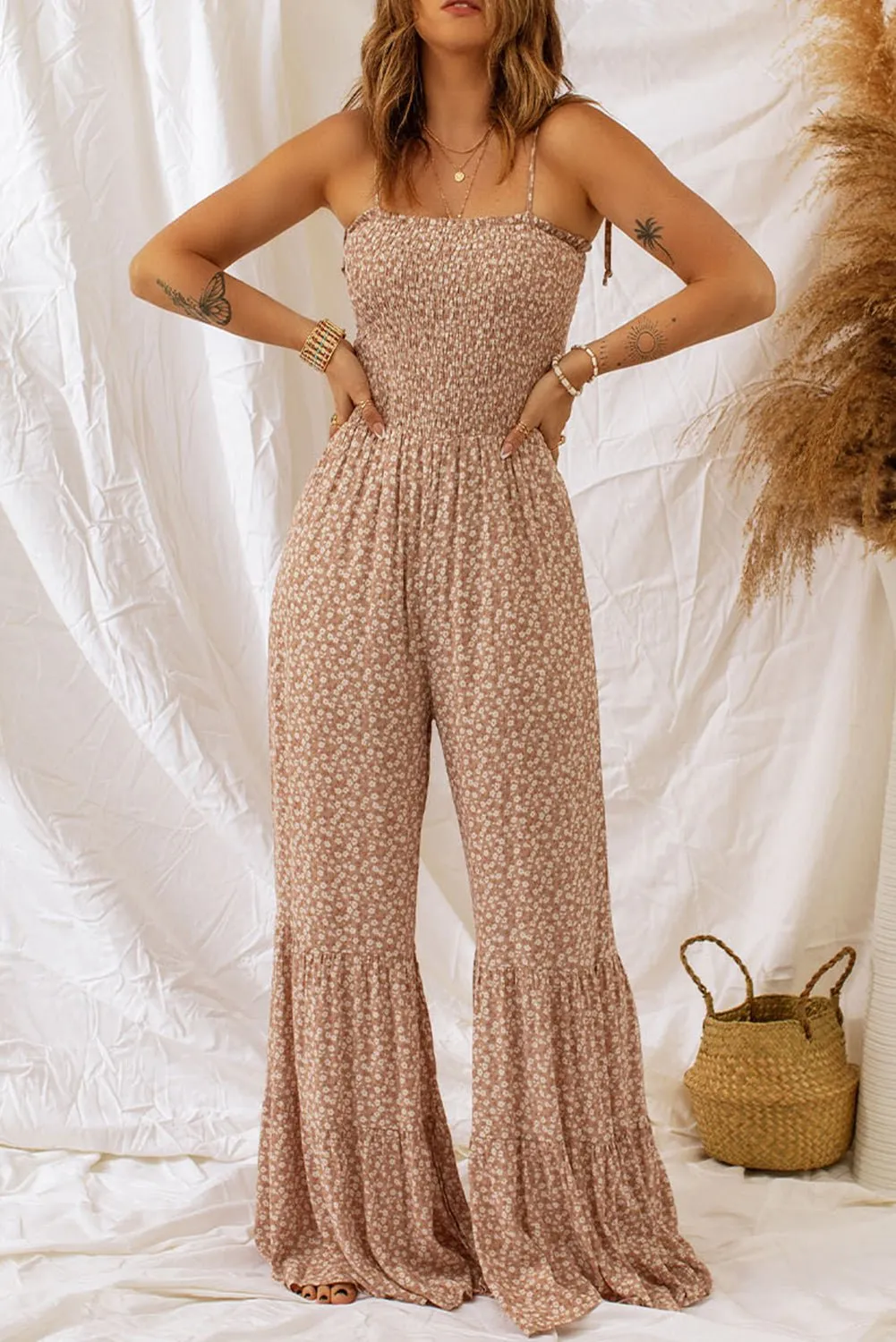 Floral Spaghetti Strap Smocked Wide Leg Jumpsuit: Trendy Elegance for Every Occasion