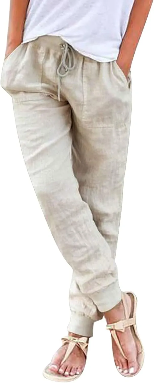 Generic Womens Cotton Linen Jogger Pants Summer Casual Drawstring Elastic Waist Lightweight Tapered Leg Joggers with Pockets