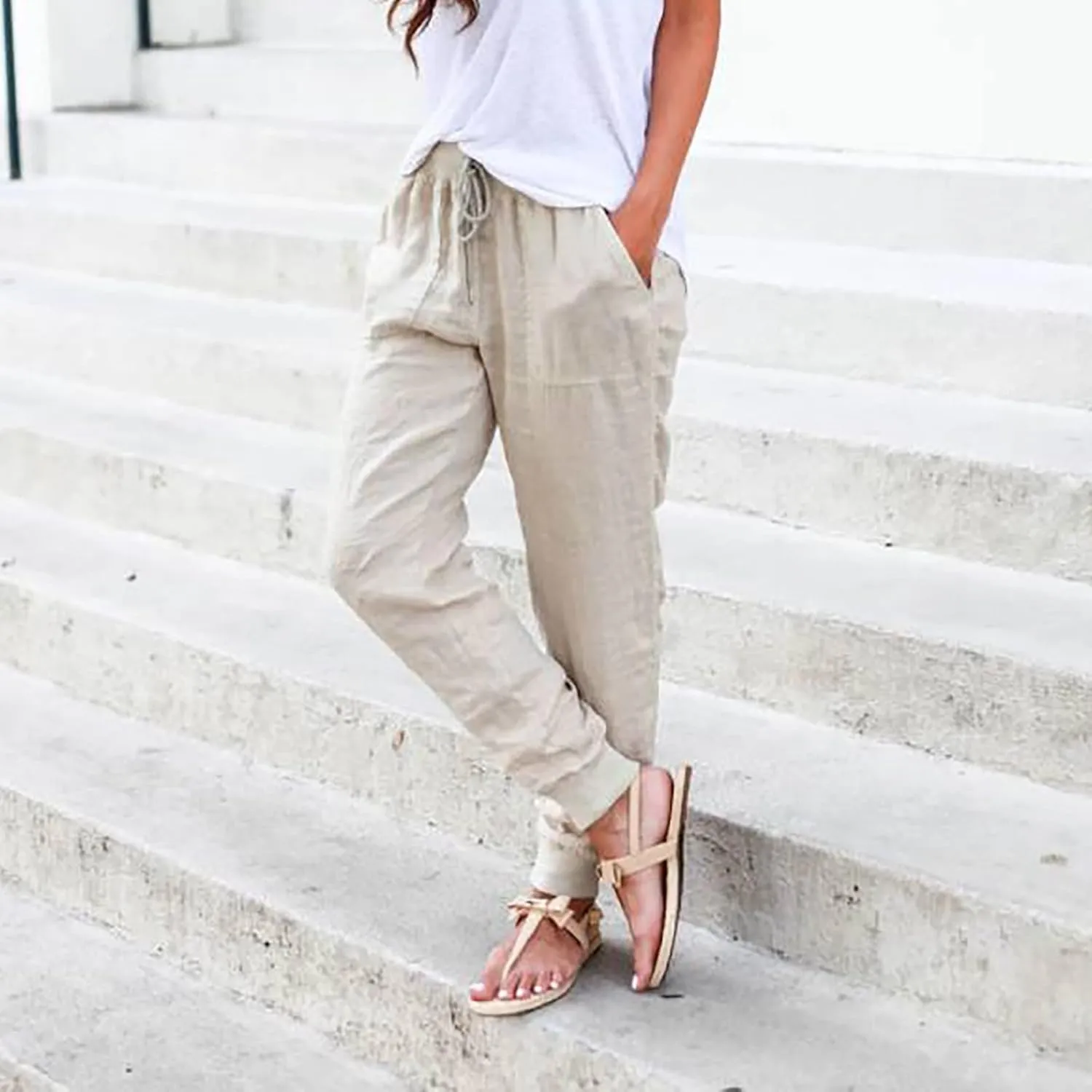 Generic Womens Cotton Linen Jogger Pants Summer Casual Drawstring Elastic Waist Lightweight Tapered Leg Joggers with Pockets