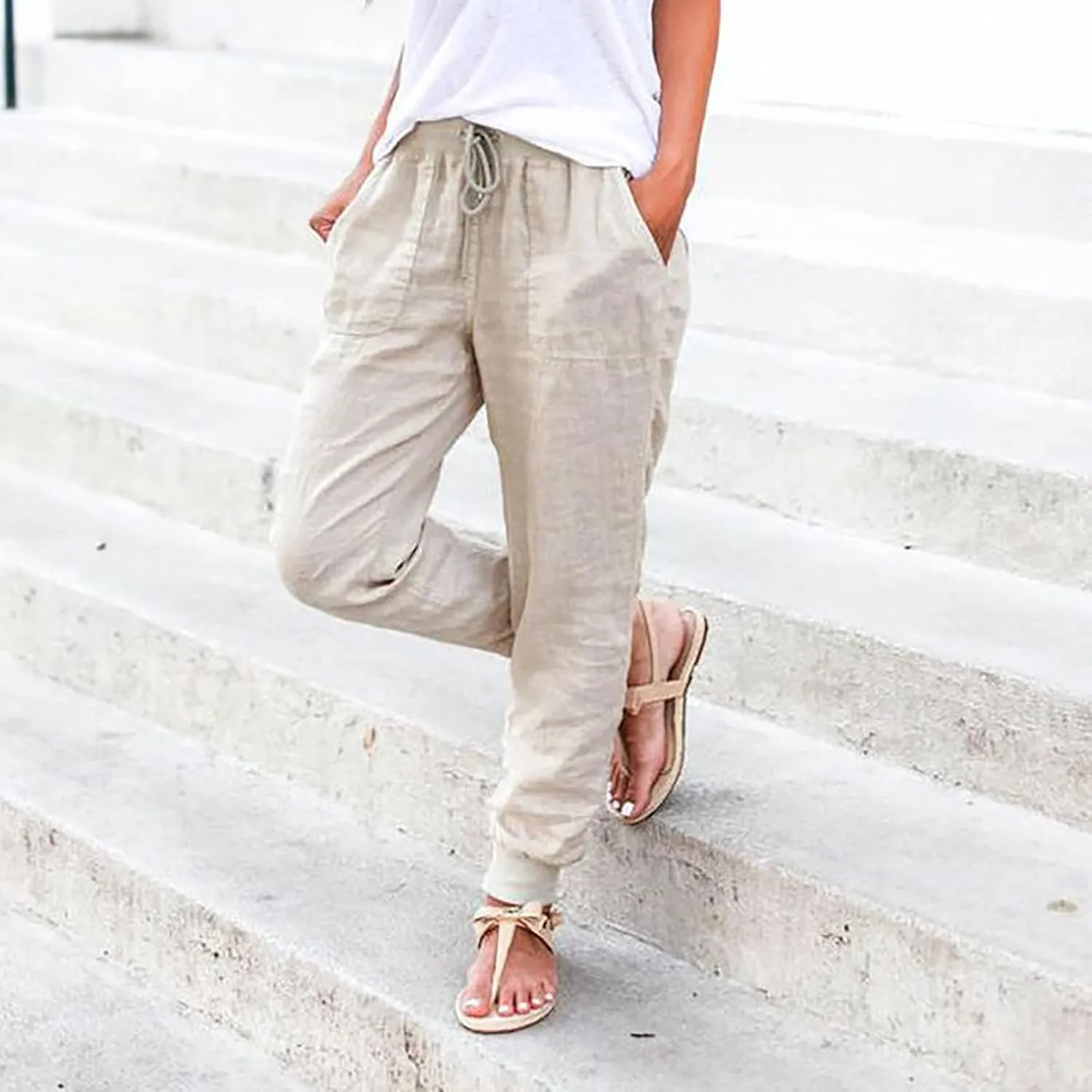 Generic Womens Cotton Linen Jogger Pants Summer Casual Drawstring Elastic Waist Lightweight Tapered Leg Joggers with Pockets