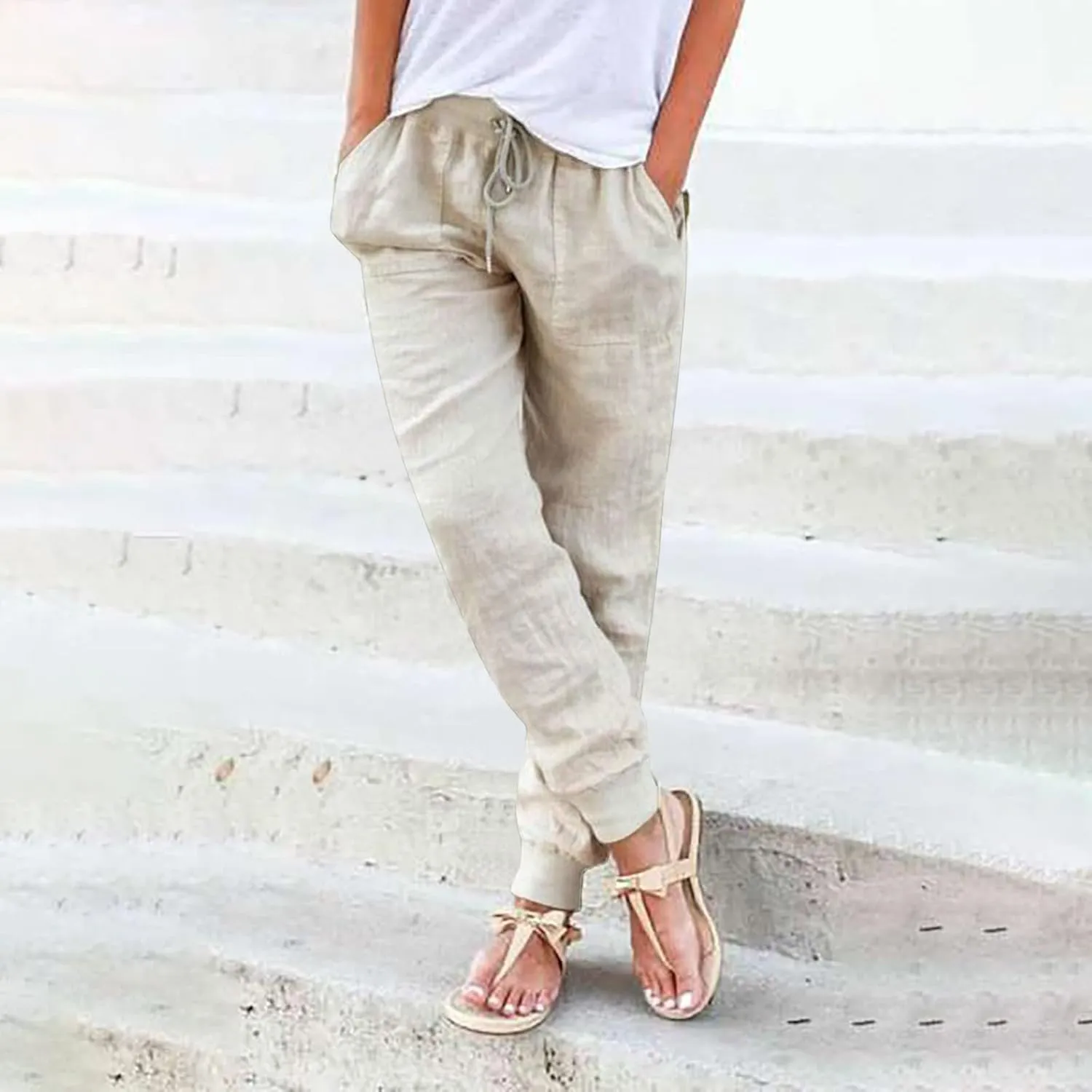 Generic Womens Cotton Linen Jogger Pants Summer Casual Drawstring Elastic Waist Lightweight Tapered Leg Joggers with Pockets