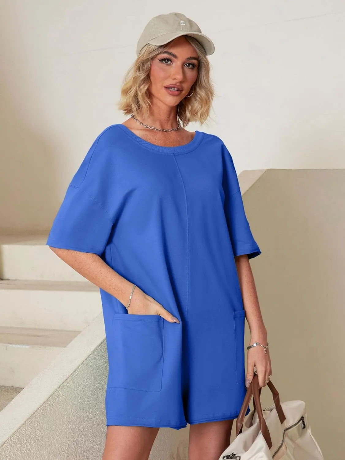 Glamaker Women's Summer Oversized Tee Romper Casual Workout Athletic Romper Onesie Backless Loose Shorts Jumpsuit Overalls