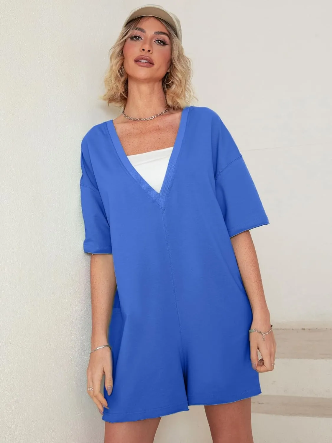 Glamaker Women's Summer Oversized Tee Romper Casual Workout Athletic Romper Onesie Backless Loose Shorts Jumpsuit Overalls