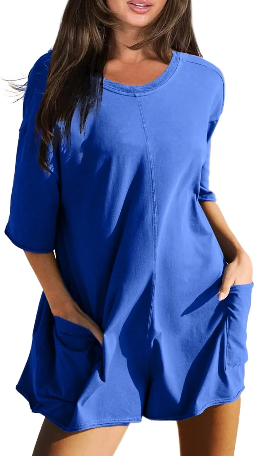 Glamaker Women's Summer Oversized Tee Romper Casual Workout Athletic Romper Onesie Backless Loose Shorts Jumpsuit Overalls