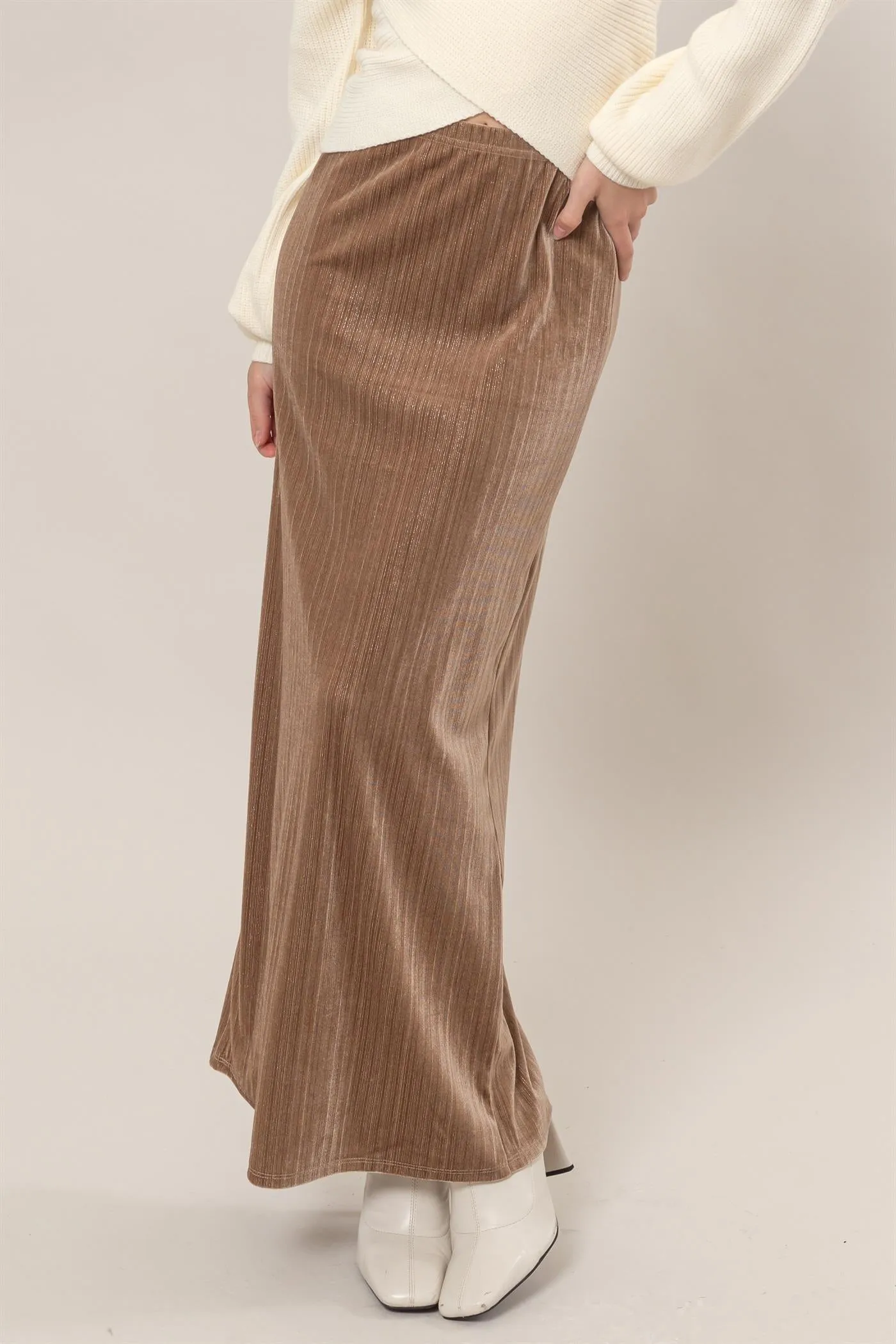 HF24F838-Lurex Velour High-Waist Midi Skirt