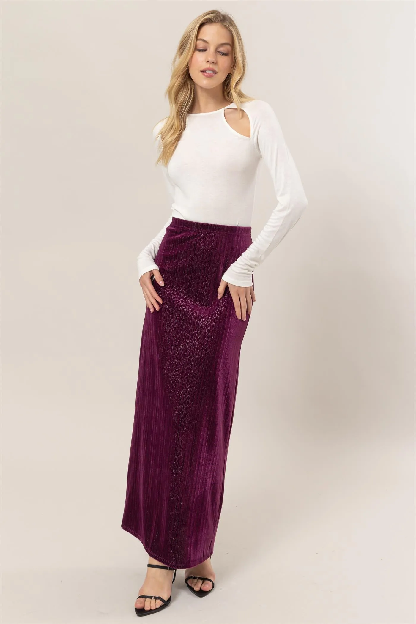 HF24F838-Lurex Velour High-Waist Midi Skirt