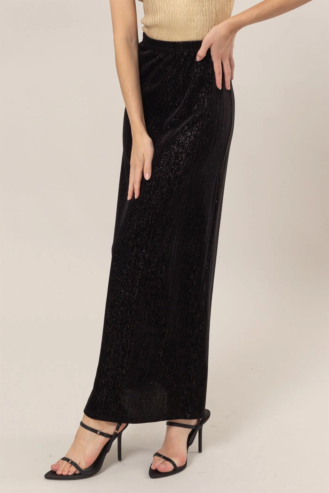 HF24F838-Lurex Velour High-Waist Midi Skirt