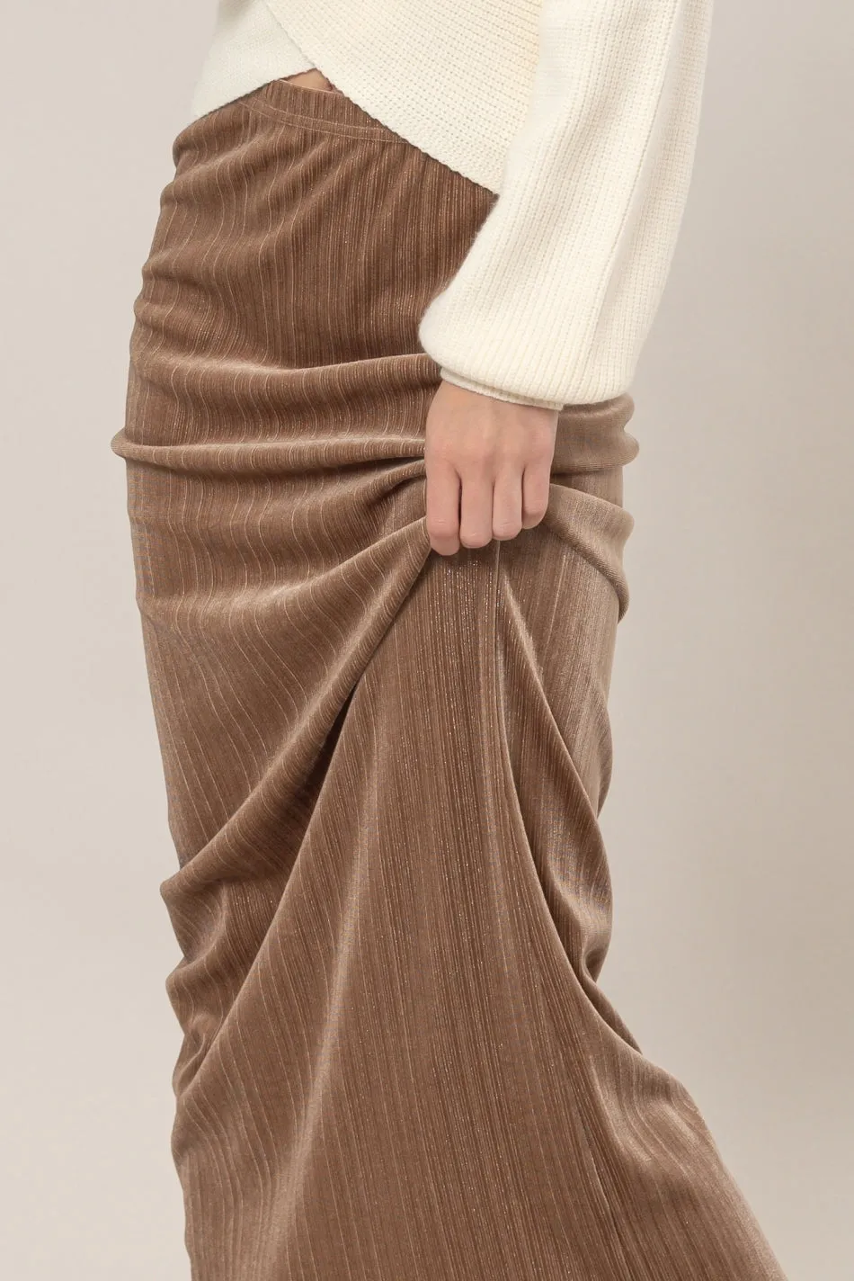 HF24F838-Lurex Velour High-Waist Midi Skirt
