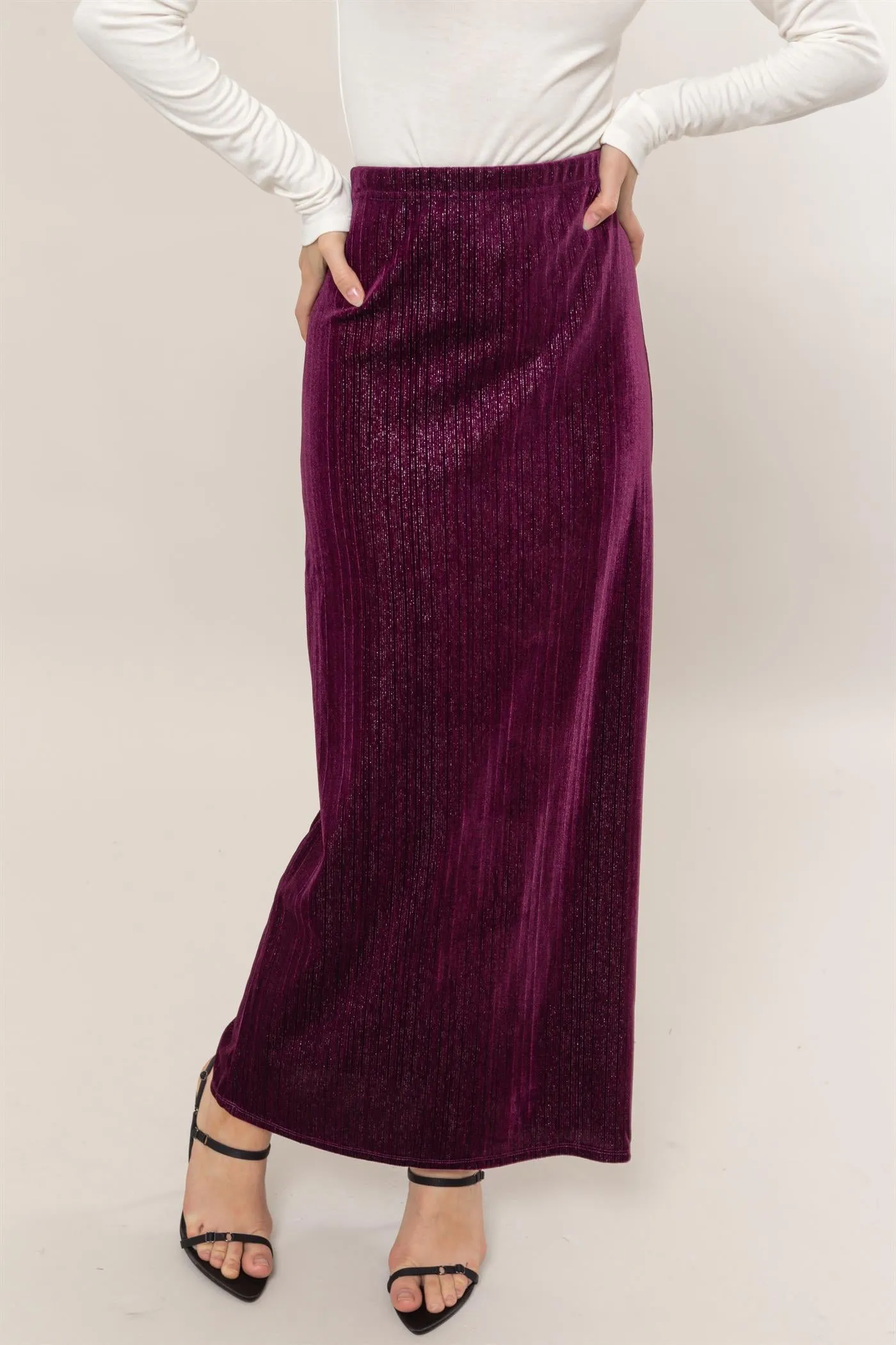 HF24F838-Lurex Velour High-Waist Midi Skirt