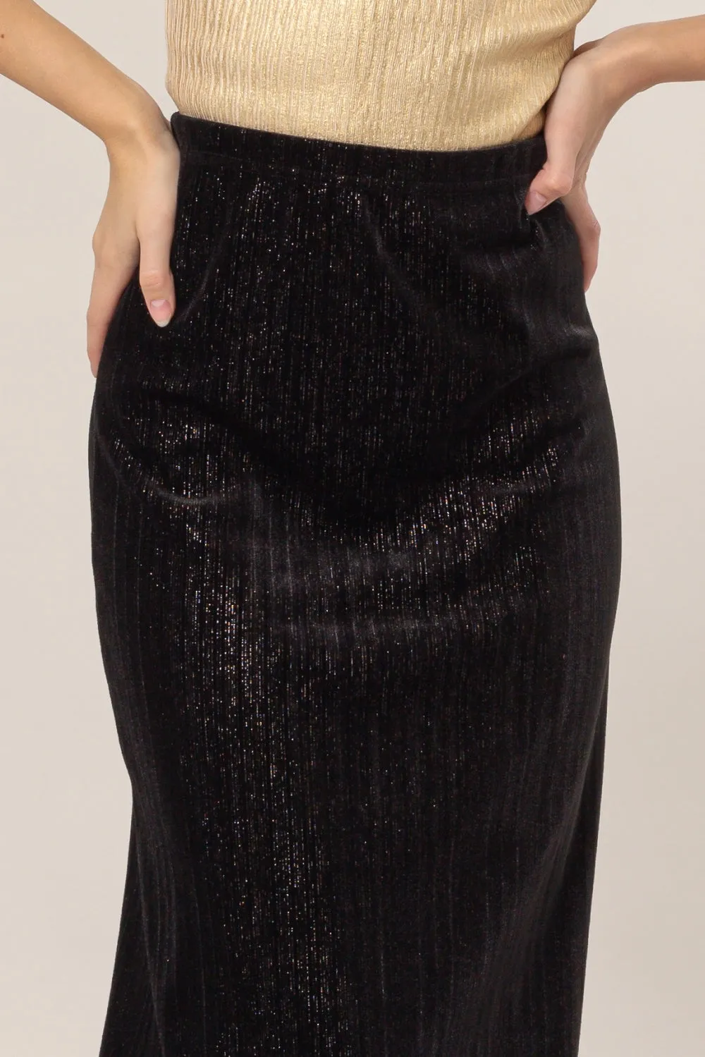 HF24F838-Lurex Velour High-Waist Midi Skirt