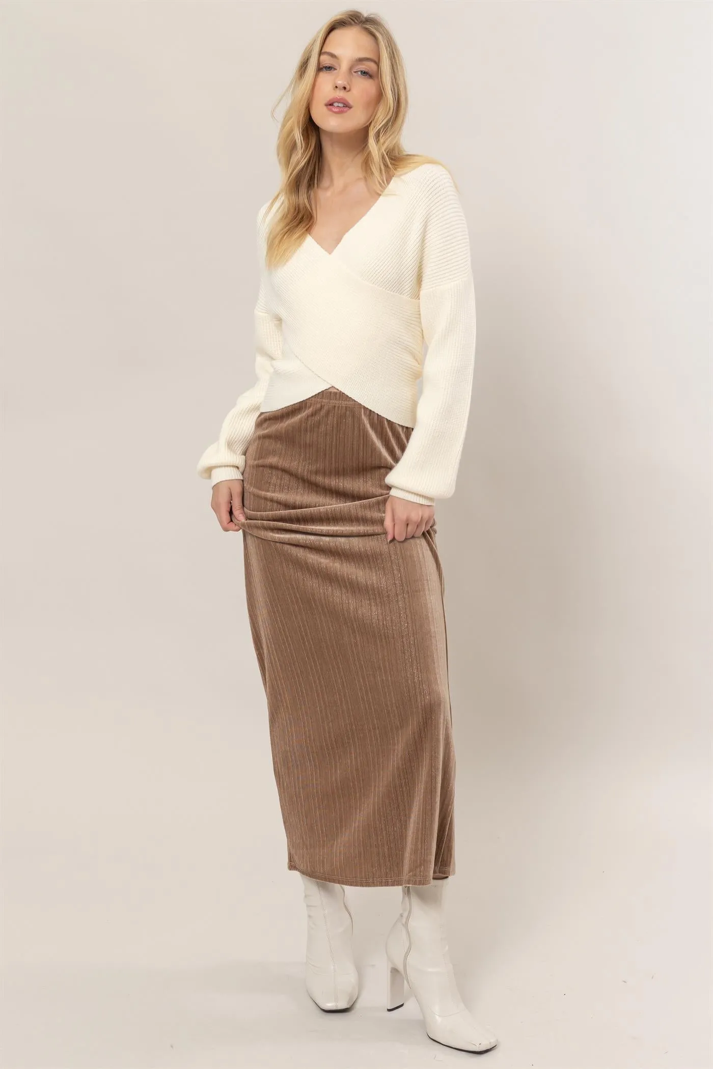 HF24F838-Lurex Velour High-Waist Midi Skirt