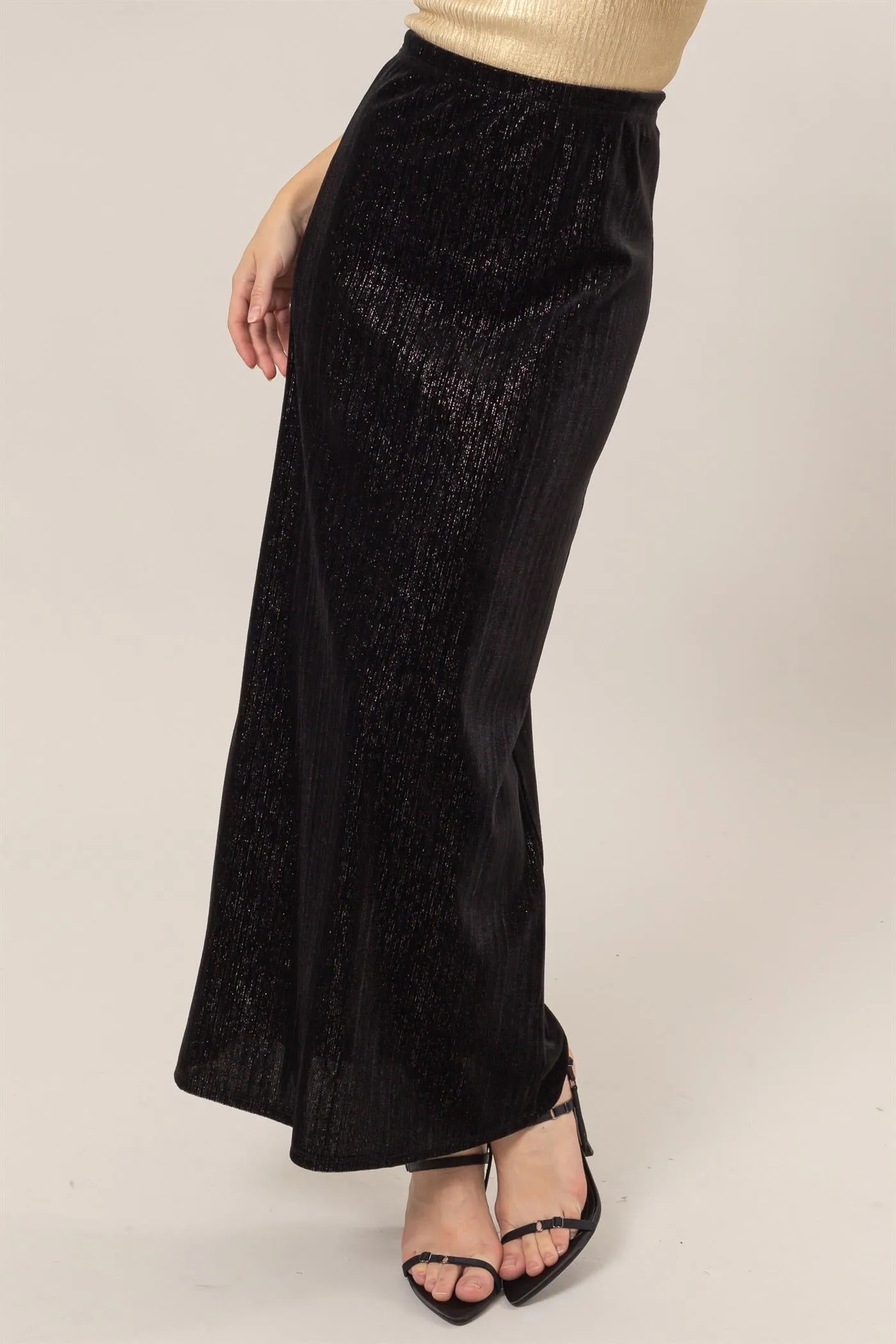HF24F838-Lurex Velour High-Waist Midi Skirt