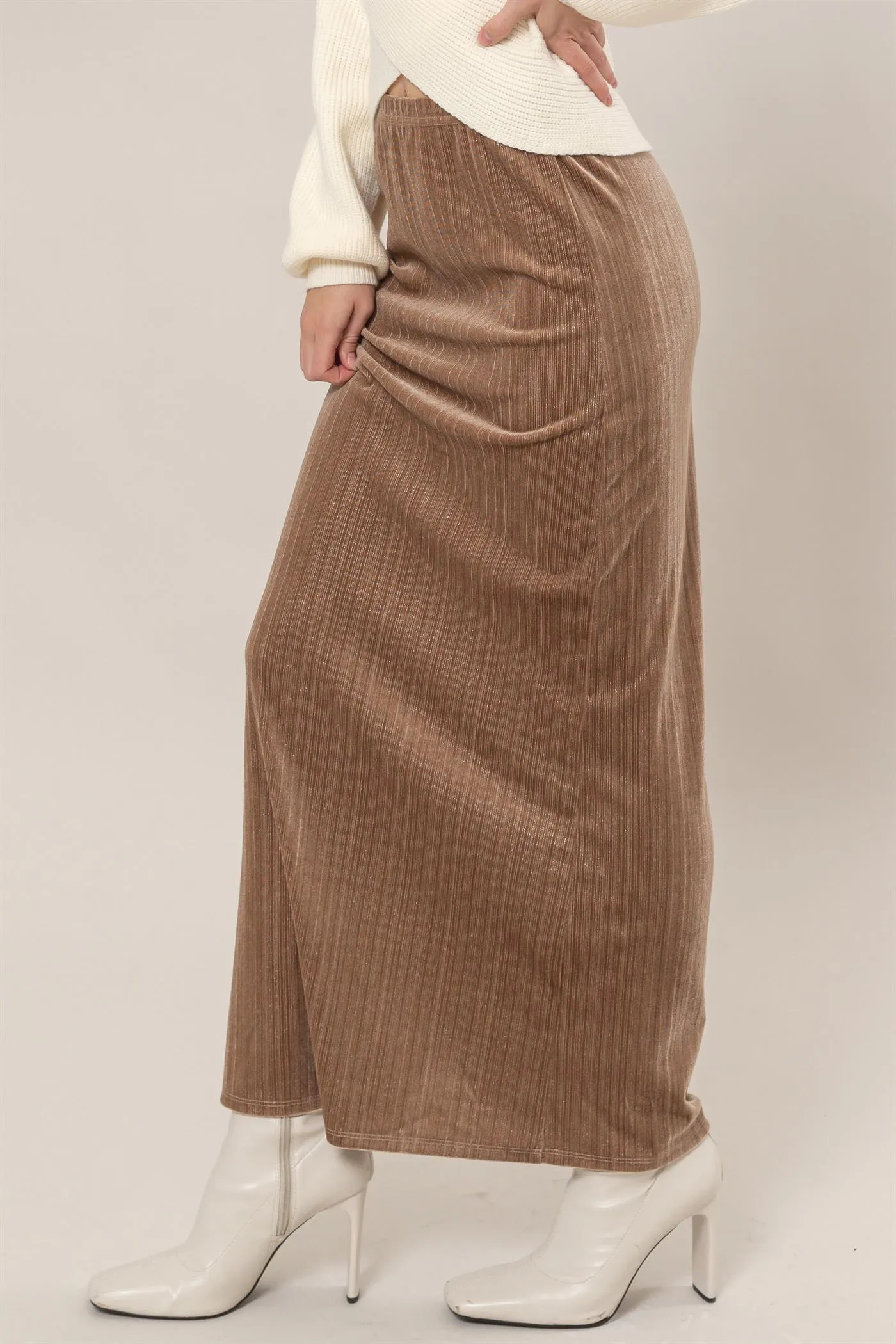 HF24F838-Lurex Velour High-Waist Midi Skirt