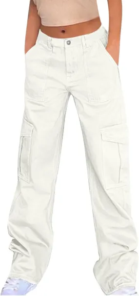High Waist Stretch Cargo Pants for Women Baggy Multiple Pockets Relaxed Fit Trousers Straight Wide Leg Y2K Streetwear