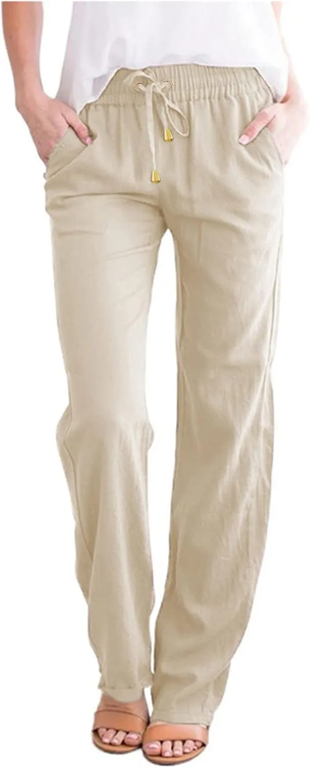 High Waisted Linen Pants Women Straight Leg Casual Summer Comfy Beach Pants Drawstring Elastic Loose Lounge Trousers