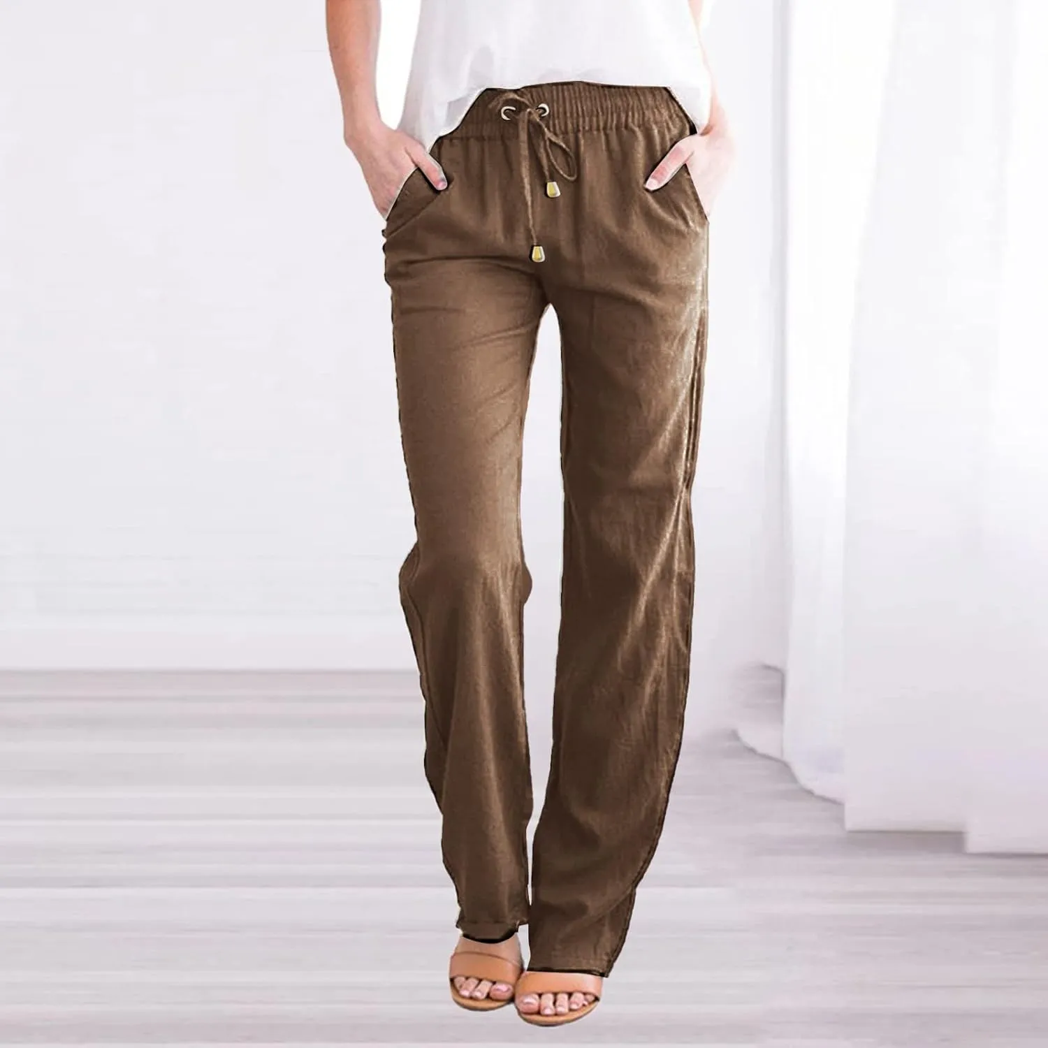 High Waisted Linen Pants Women Straight Leg Casual Summer Comfy Beach Pants Drawstring Elastic Loose Lounge Trousers