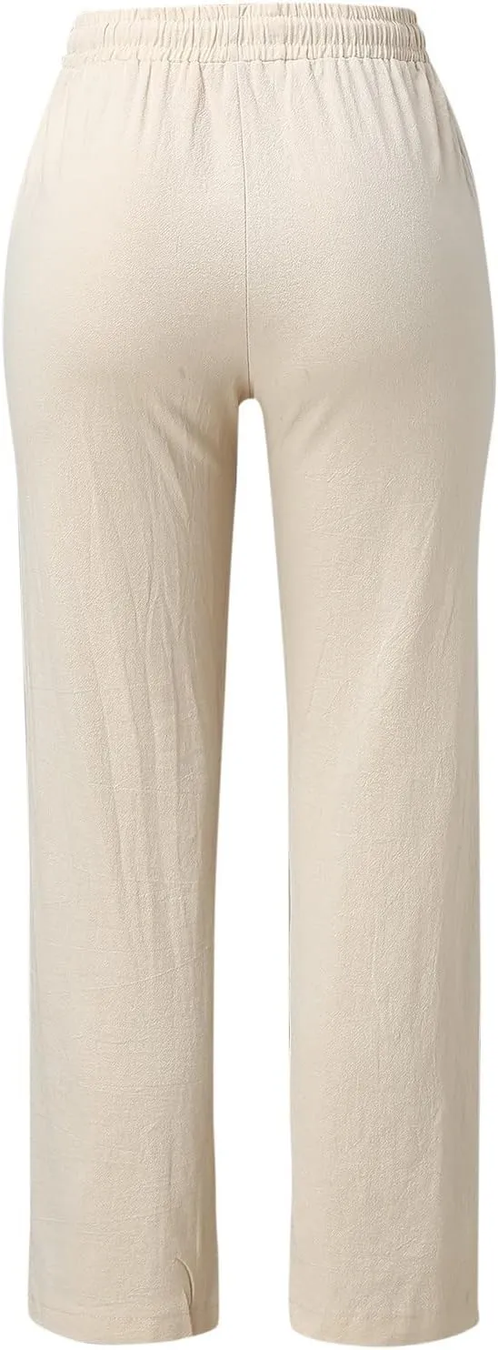High Waisted Linen Pants Women Straight Leg Casual Summer Comfy Beach Pants Drawstring Elastic Loose Lounge Trousers