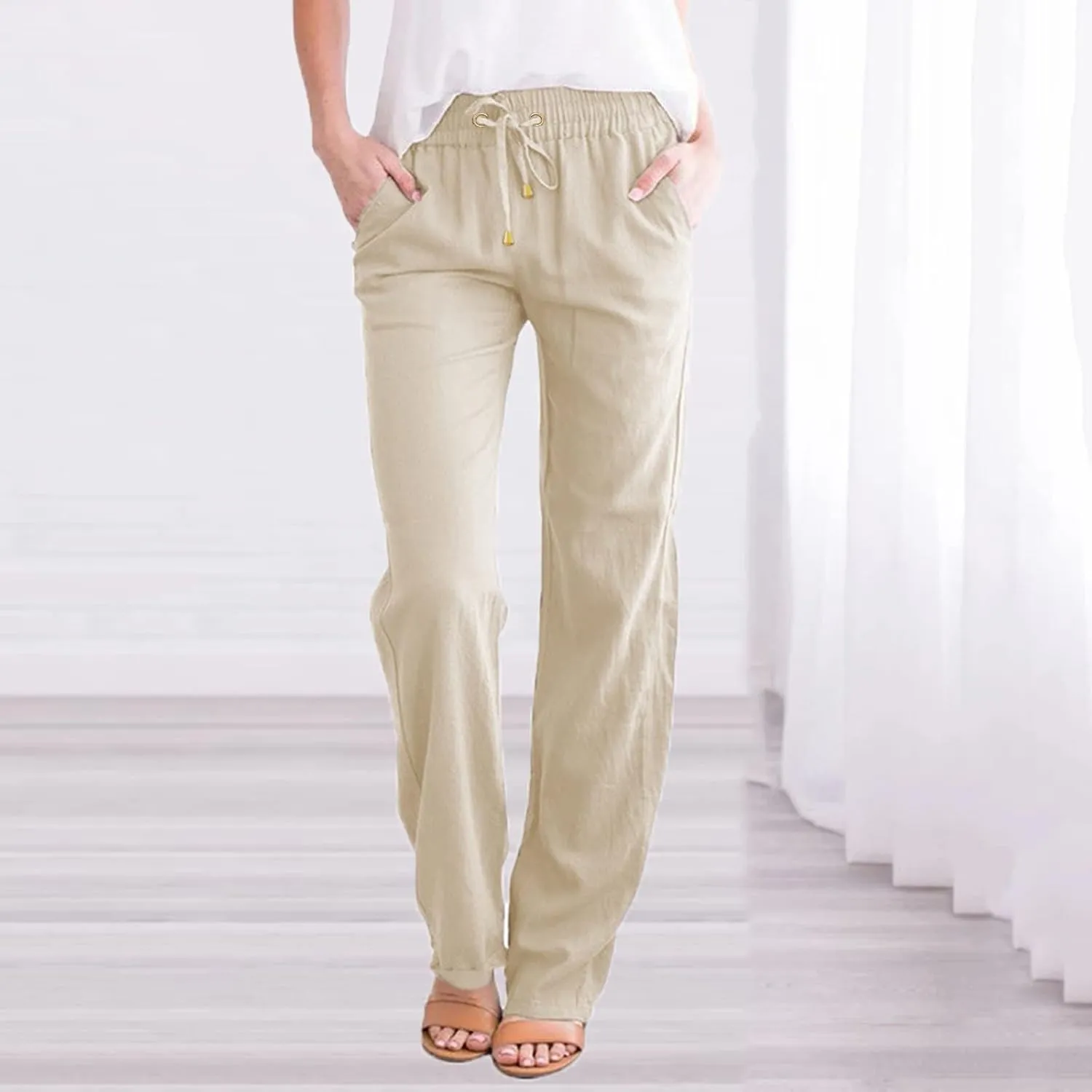 High Waisted Linen Pants Women Straight Leg Casual Summer Comfy Beach Pants Drawstring Elastic Loose Lounge Trousers
