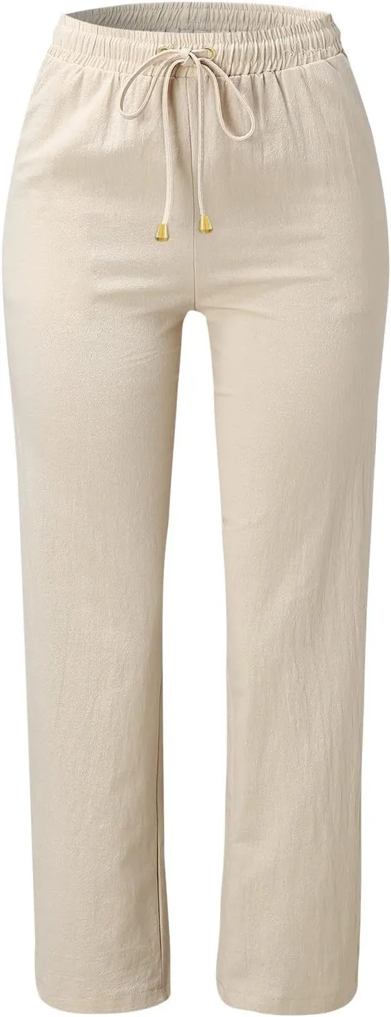 High Waisted Linen Pants Women Straight Leg Casual Summer Comfy Beach Pants Drawstring Elastic Loose Lounge Trousers