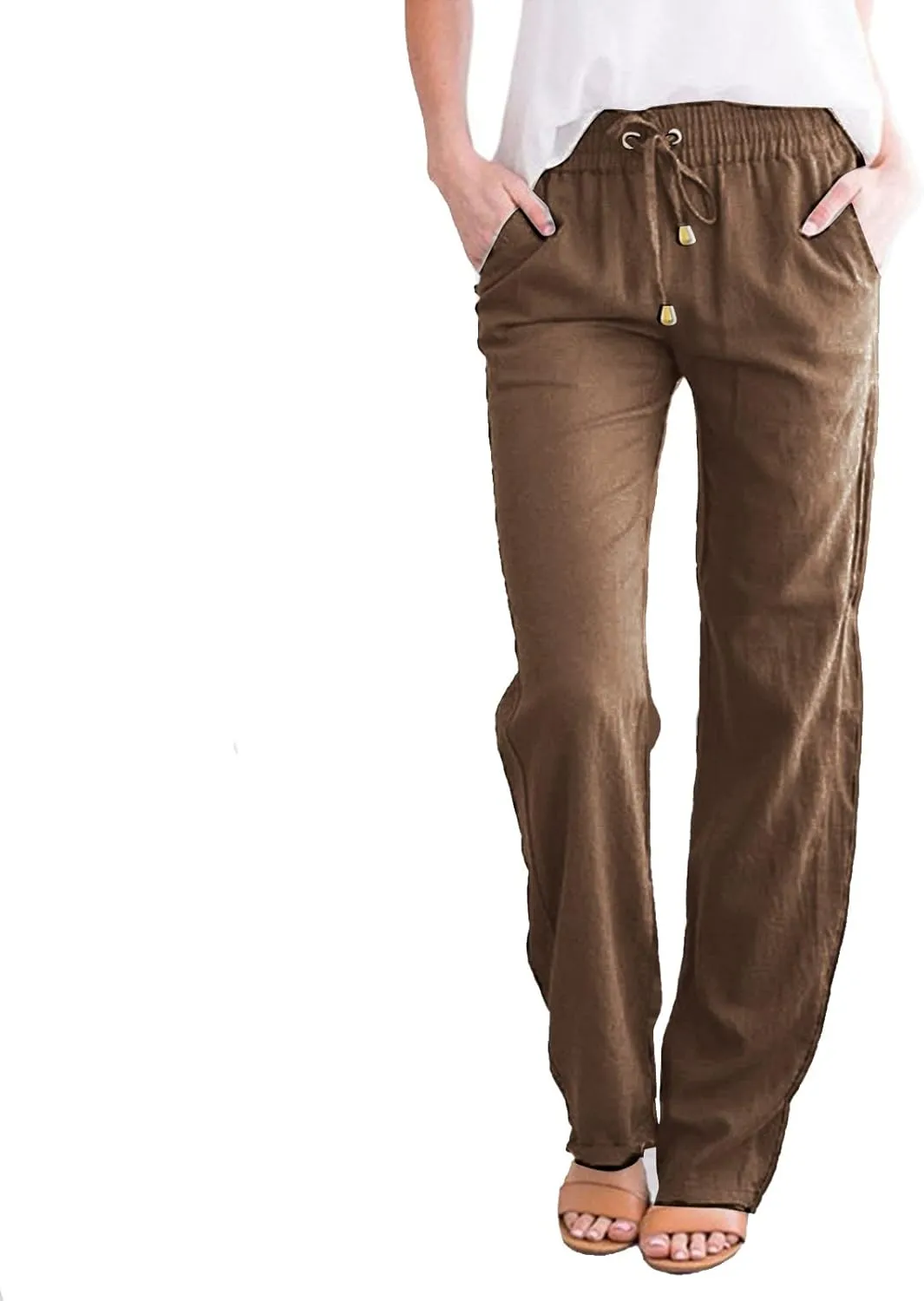 High Waisted Linen Pants Women Straight Leg Casual Summer Comfy Beach Pants Drawstring Elastic Loose Lounge Trousers