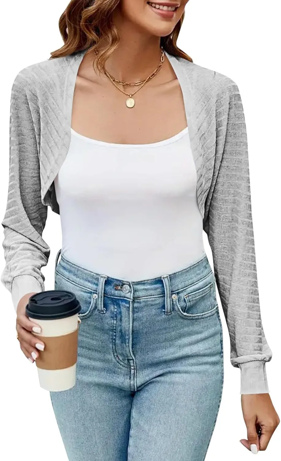 Imily Bela Women's Summer Cropped Cardigan Casual Long Sleeve Knit Sweaters Open Front Bolero Shrugs for Dresses