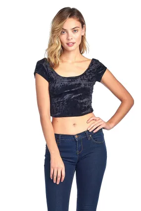 Khanomak Plain Short Sleeve Scoop Neck Velvet Crushed Crop Top