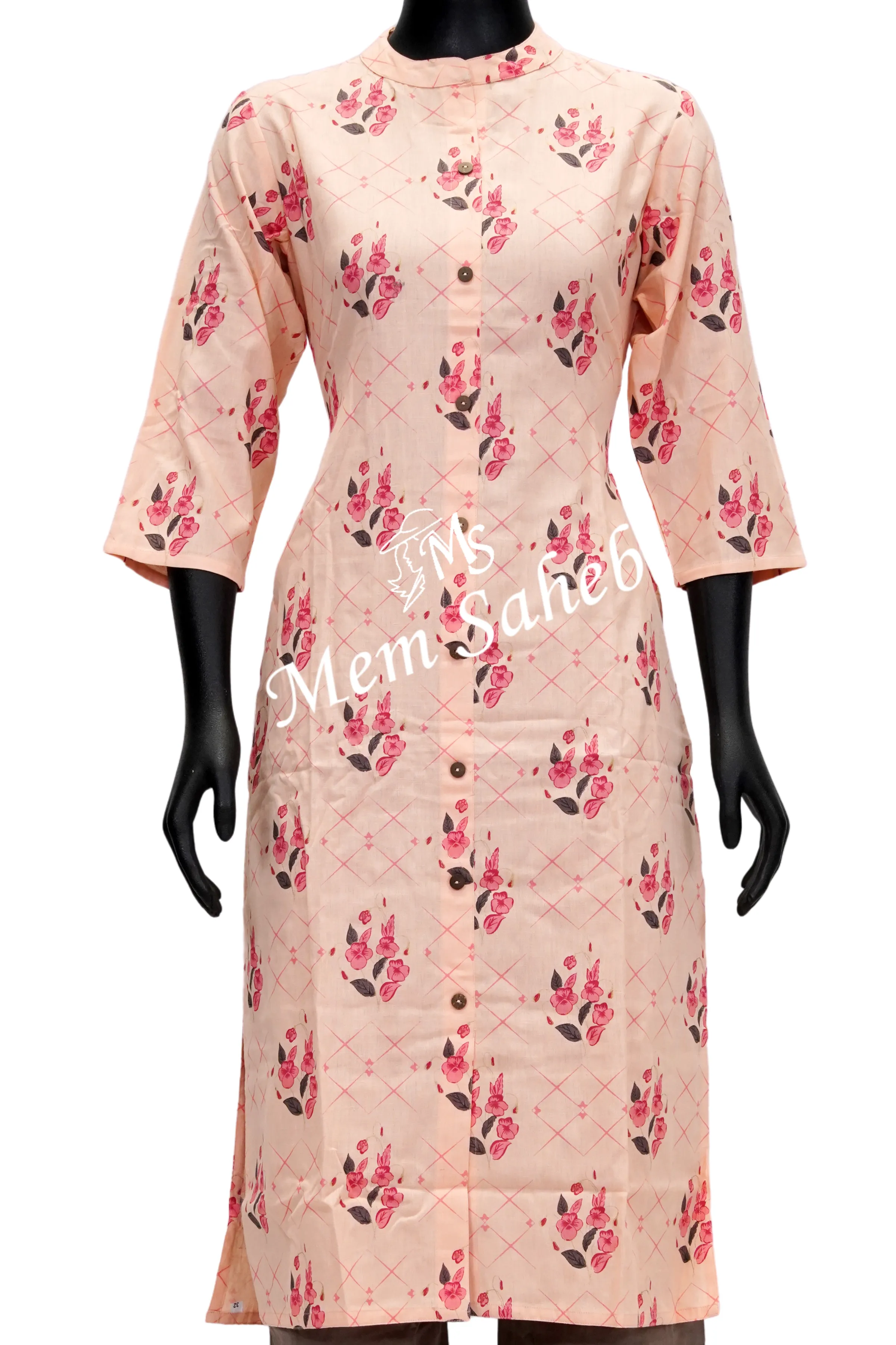 Kurti Set Peach Cotton Floral print Top with Contrast Palazzo