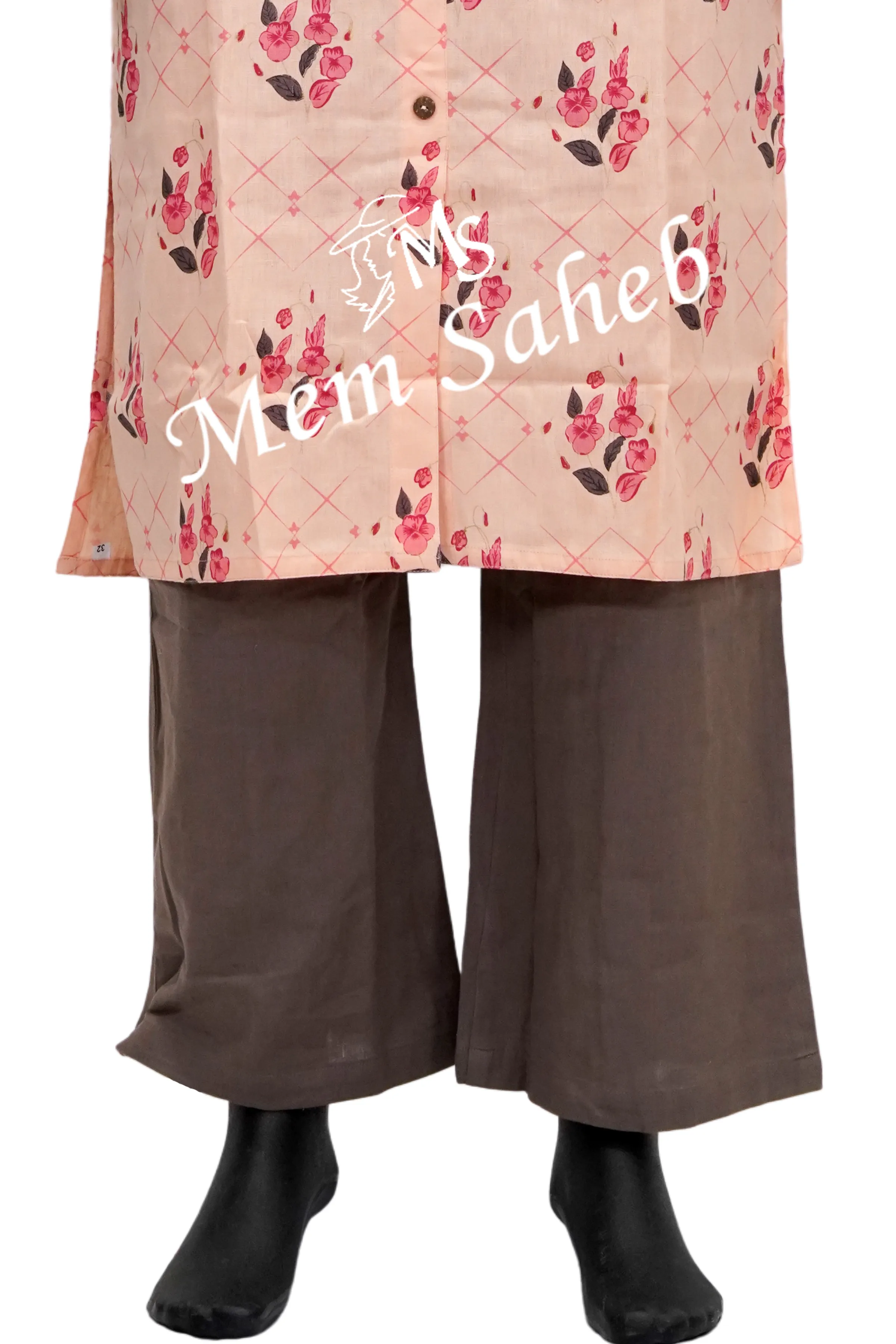 Kurti Set Peach Cotton Floral print Top with Contrast Palazzo