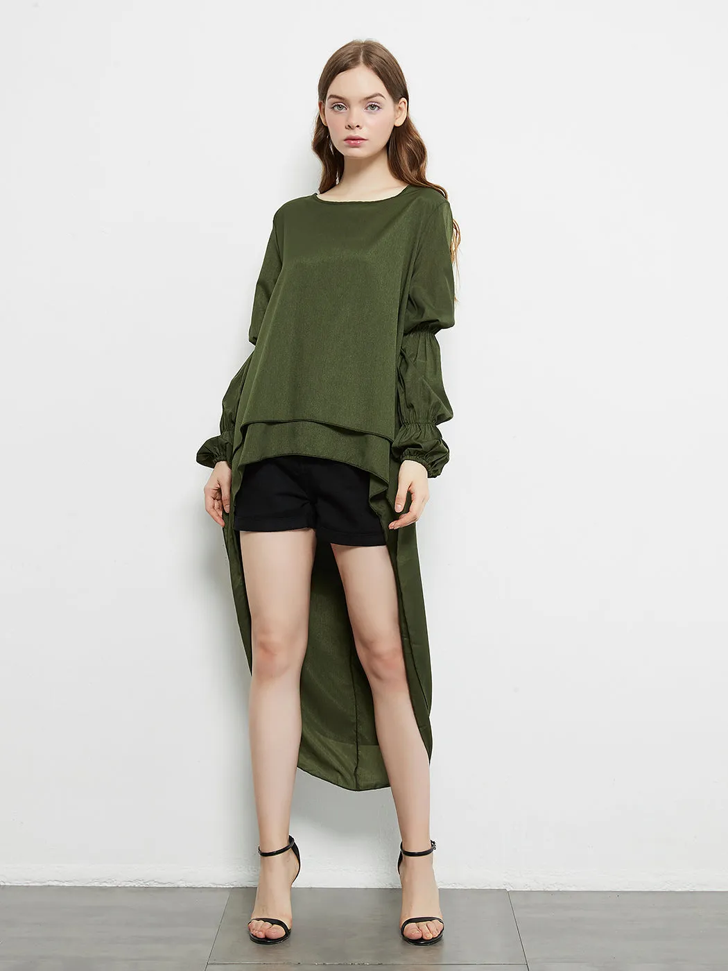 Lantern Long Sleeve Tops High-Low Hem Tunic Round Neck Asymmetrical Irregular Hem Casual Blouse Shirt Dress