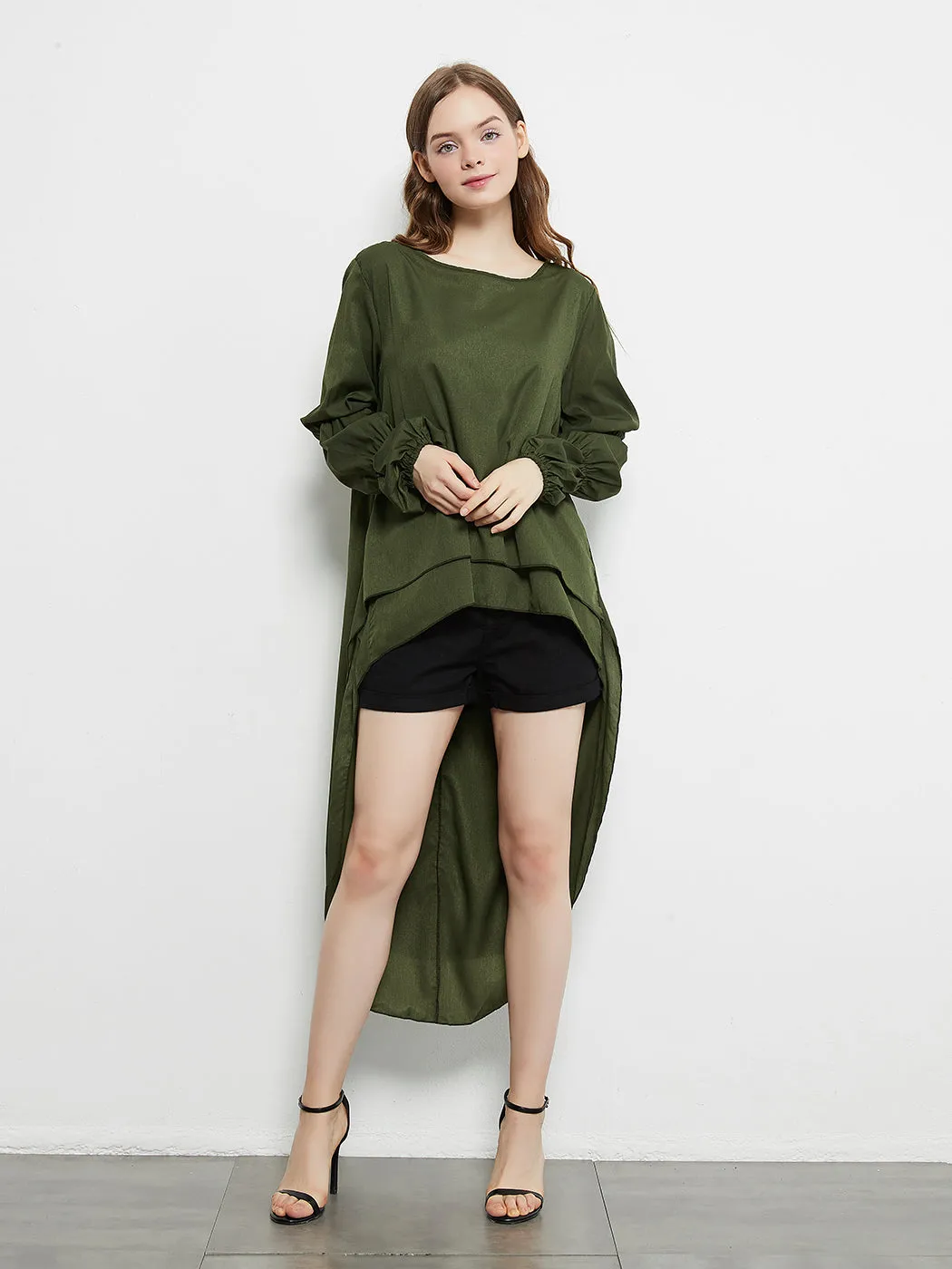 Lantern Long Sleeve Tops High-Low Hem Tunic Round Neck Asymmetrical Irregular Hem Casual Blouse Shirt Dress