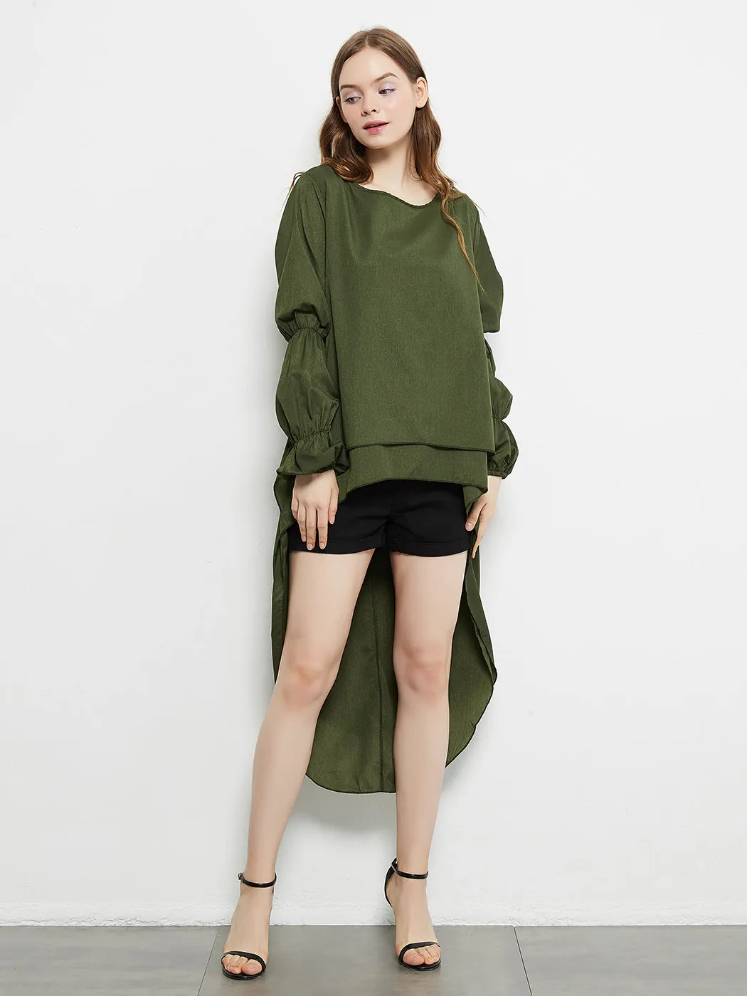Lantern Long Sleeve Tops High-Low Hem Tunic Round Neck Asymmetrical Irregular Hem Casual Blouse Shirt Dress