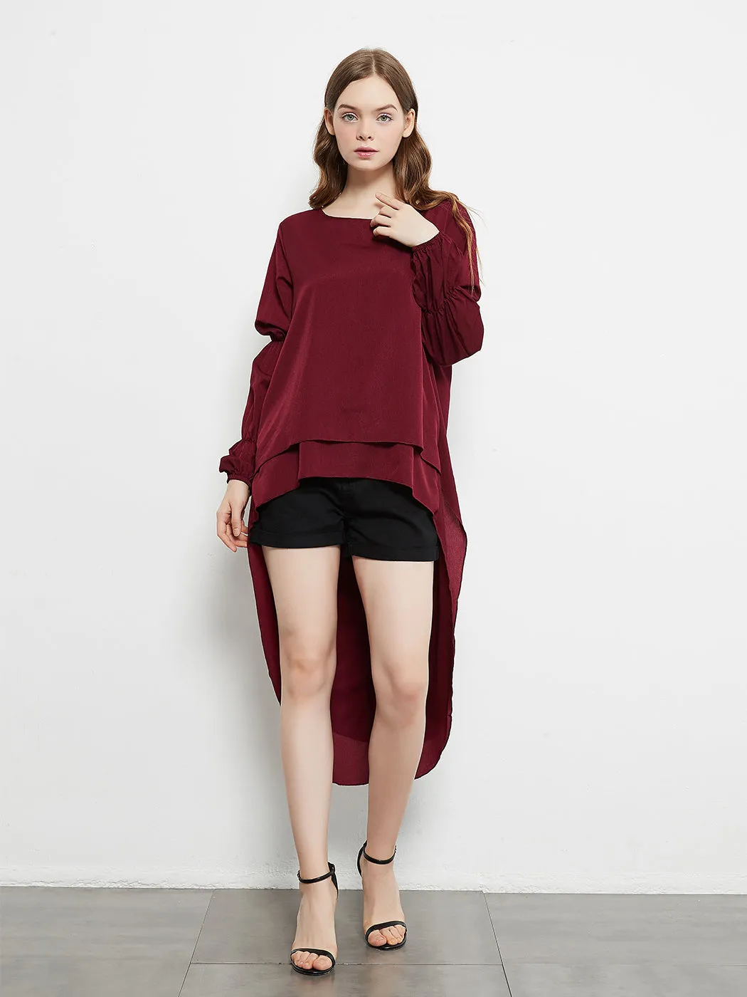 Lantern Long Sleeve Tops High-Low Hem Tunic Round Neck Asymmetrical Irregular Hem Casual Blouse Shirt Dress