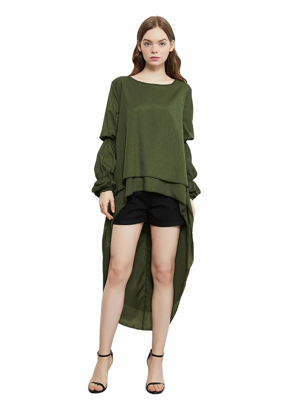 Lantern Long Sleeve Tops High-Low Hem Tunic Round Neck Asymmetrical Irregular Hem Casual Blouse Shirt Dress