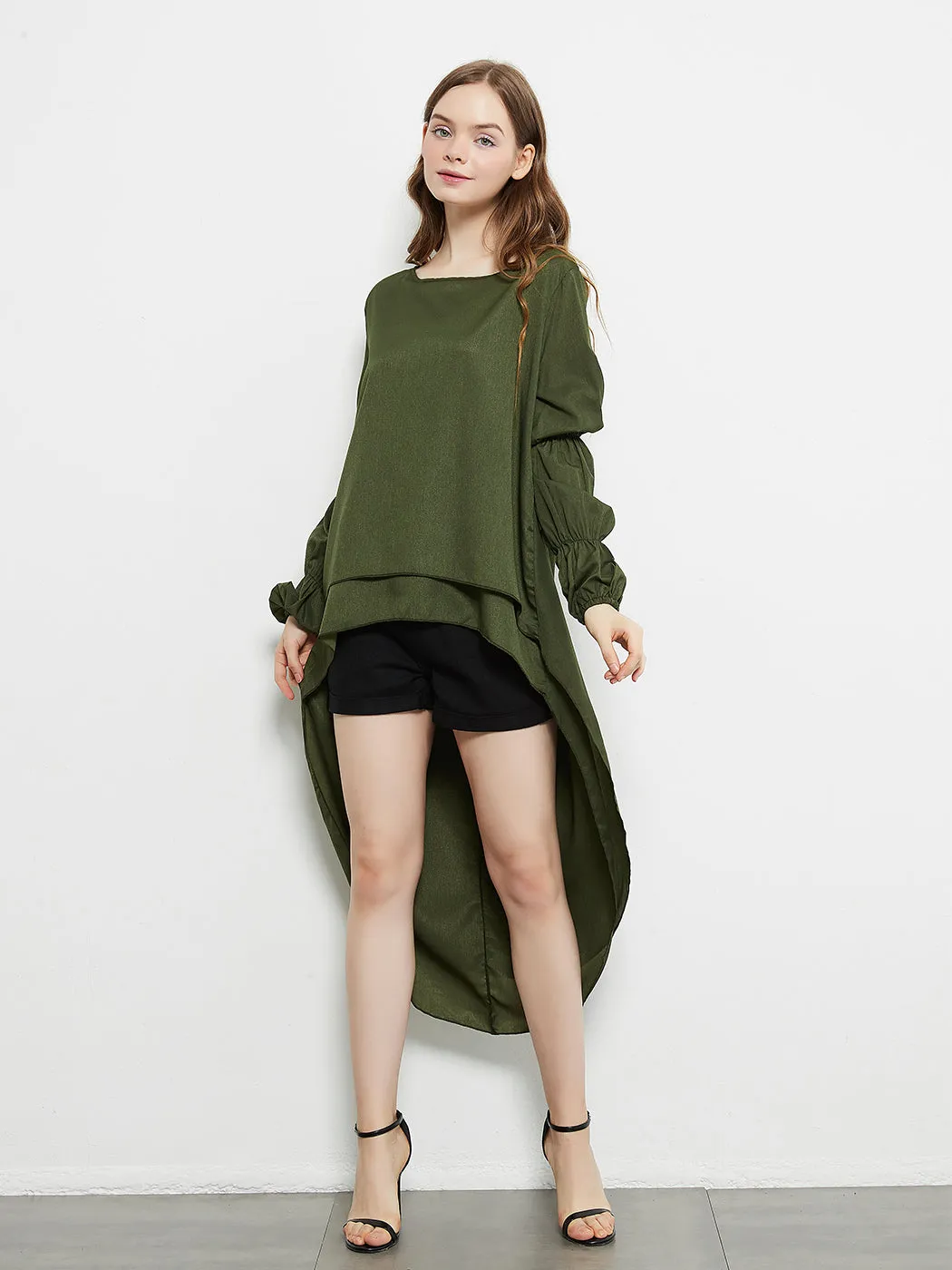 Lantern Long Sleeve Tops High-Low Hem Tunic Round Neck Asymmetrical Irregular Hem Casual Blouse Shirt Dress