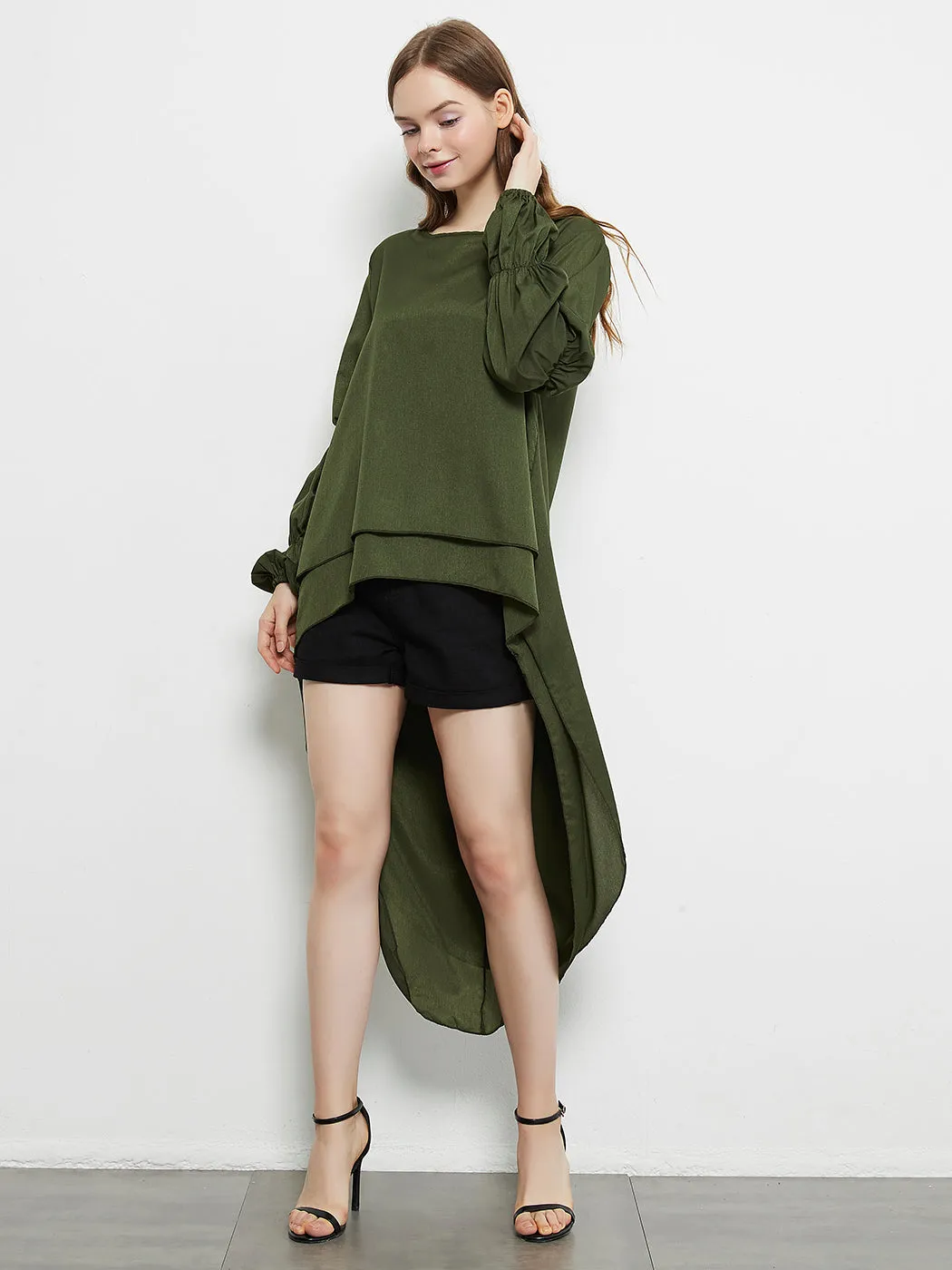 Lantern Long Sleeve Tops High-Low Hem Tunic Round Neck Asymmetrical Irregular Hem Casual Blouse Shirt Dress