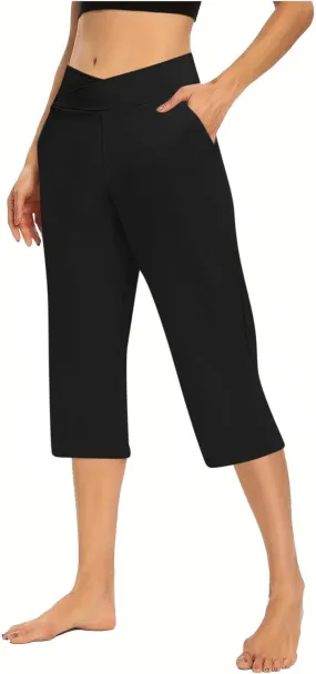 Lightweight Capri Sweatpants Women Knee Length Casual Summer Trousers Linen Elastic Waist Beach Capri with Pockets