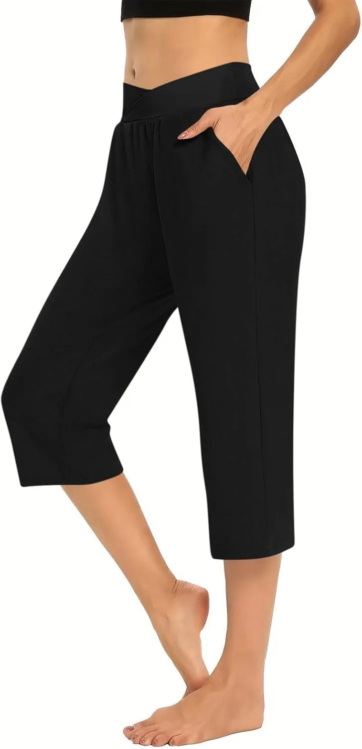 Lightweight Capri Sweatpants Women Knee Length Casual Summer Trousers Linen Elastic Waist Beach Capri with Pockets