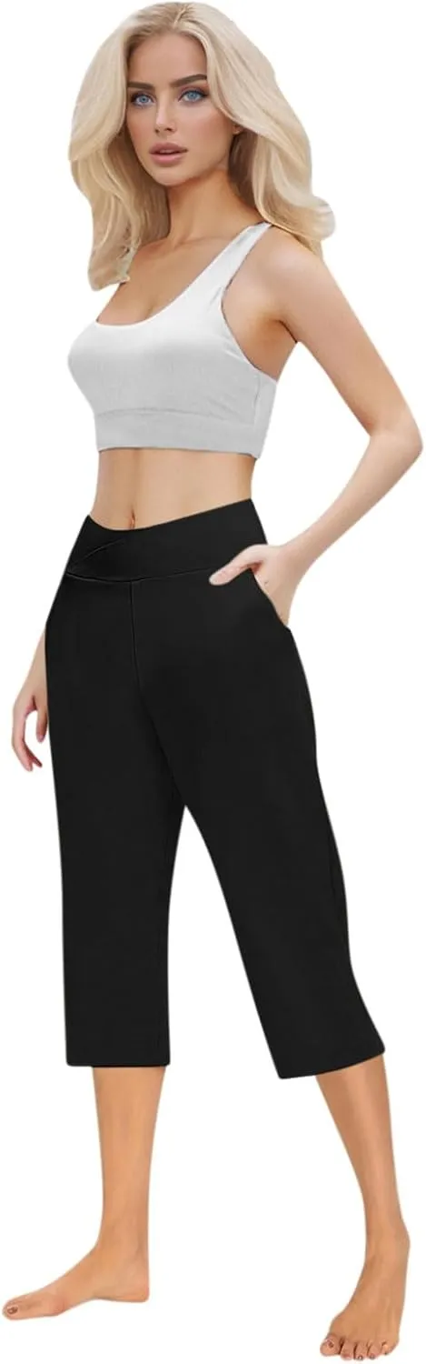 Lightweight Capri Sweatpants Women Knee Length Casual Summer Trousers Linen Elastic Waist Beach Capri with Pockets