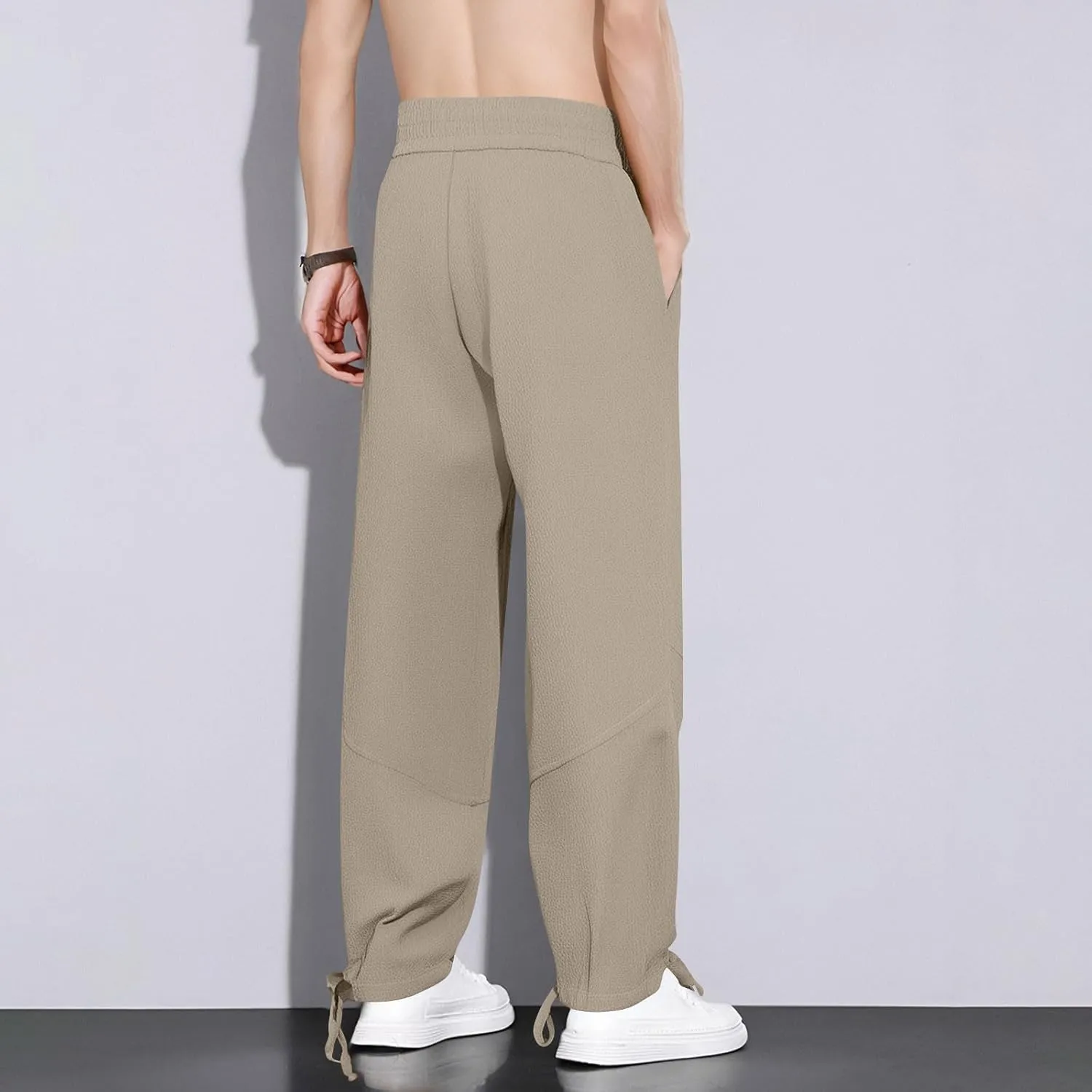Linen Baggy Harem Pants Men Lightweight Casual Drawstring Elastic Waisted Solid Palazzo Trousers with Pockets