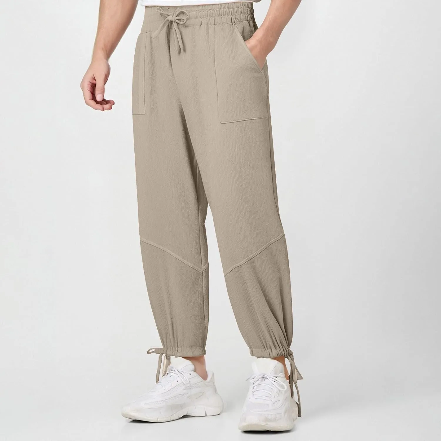 Linen Baggy Harem Pants Men Lightweight Casual Drawstring Elastic Waisted Solid Palazzo Trousers with Pockets