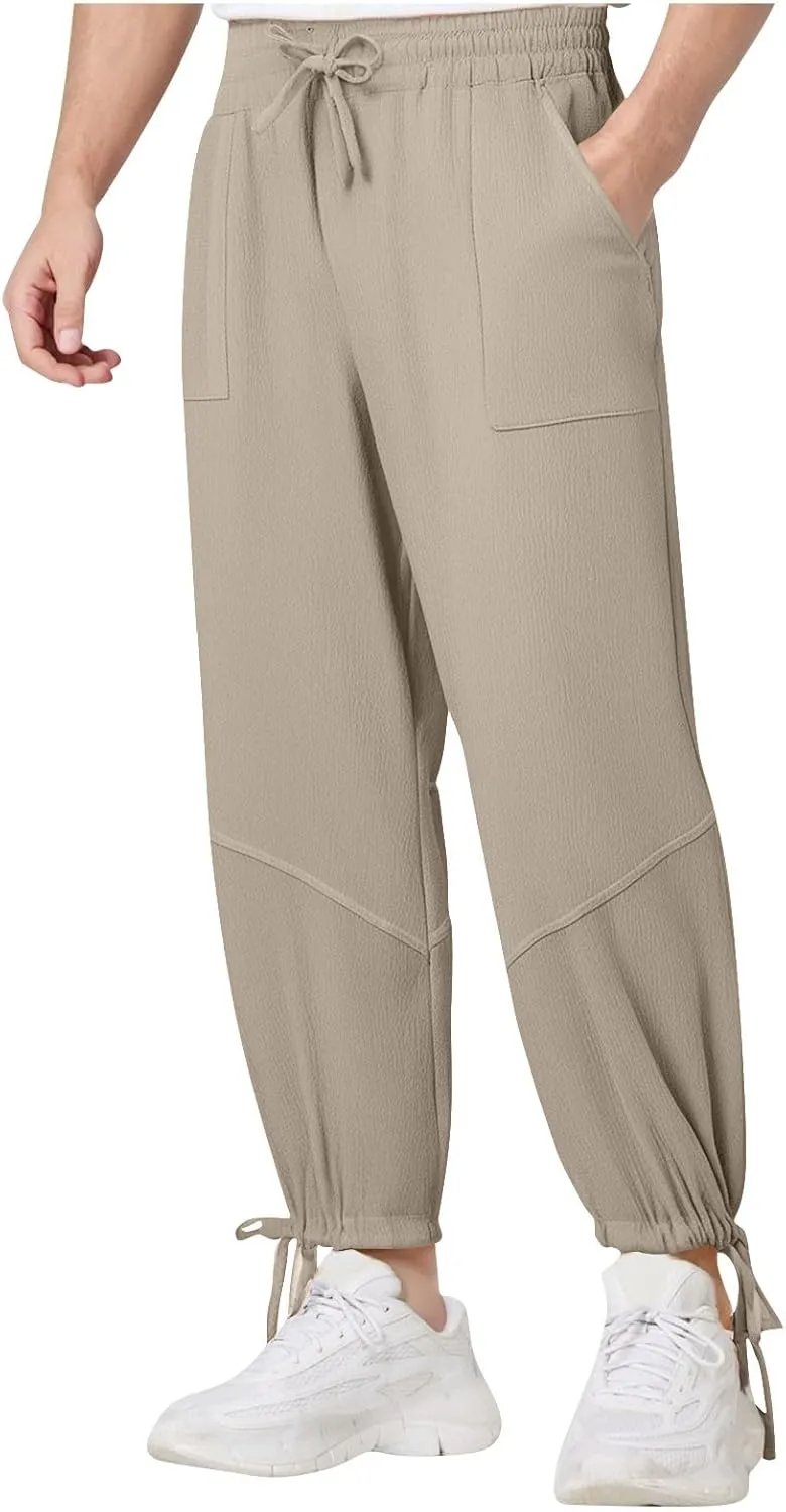Linen Baggy Harem Pants Men Lightweight Casual Drawstring Elastic Waisted Solid Palazzo Trousers with Pockets
