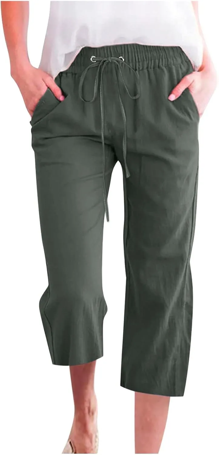 Linen Capri Pants for Women Straight Leg Casual Summer Elastic High Waisted Drawstring Lightweight Cropped Trousers