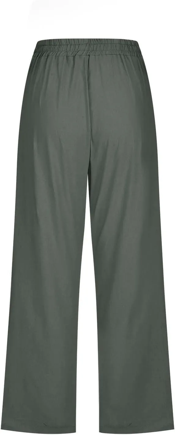 Linen Capri Pants for Women Straight Leg Casual Summer Elastic High Waisted Drawstring Lightweight Cropped Trousers