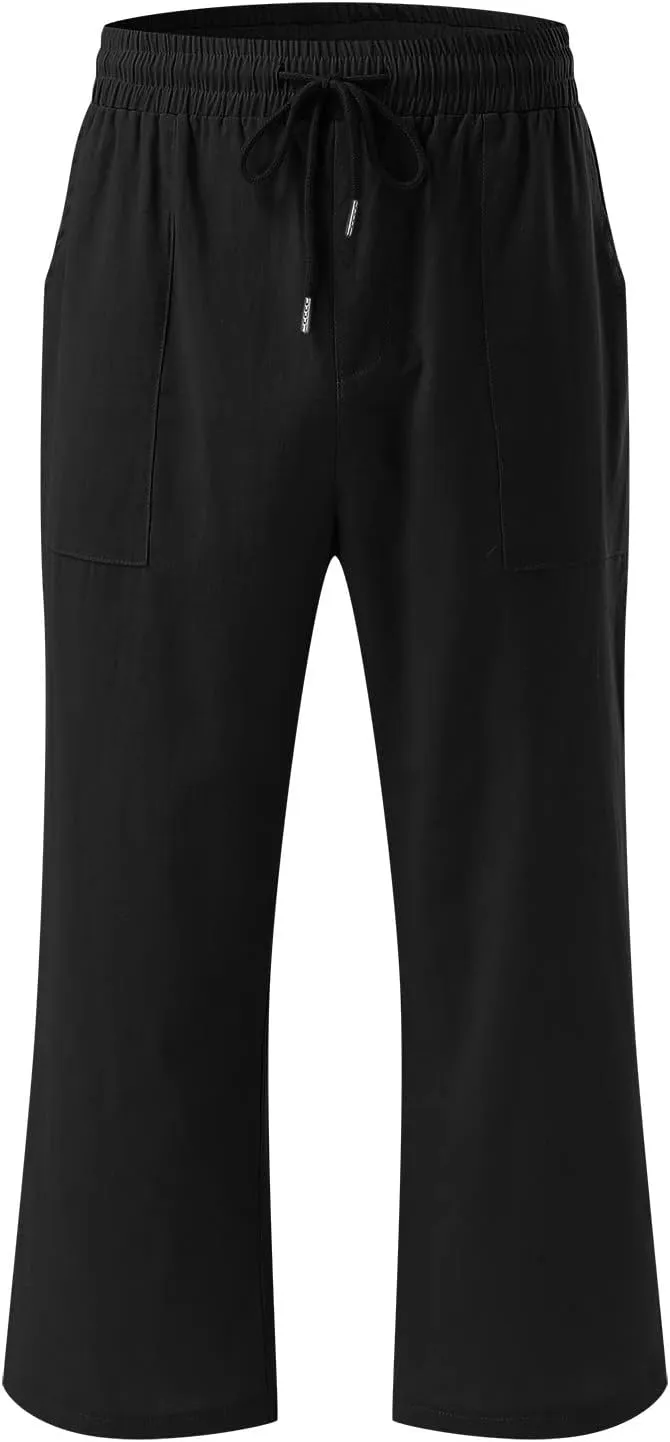 Linen Capri Pants for Women Straight Leg Casual Summer Elastic High Waisted Drawstring Lightweight Cropped Trousers