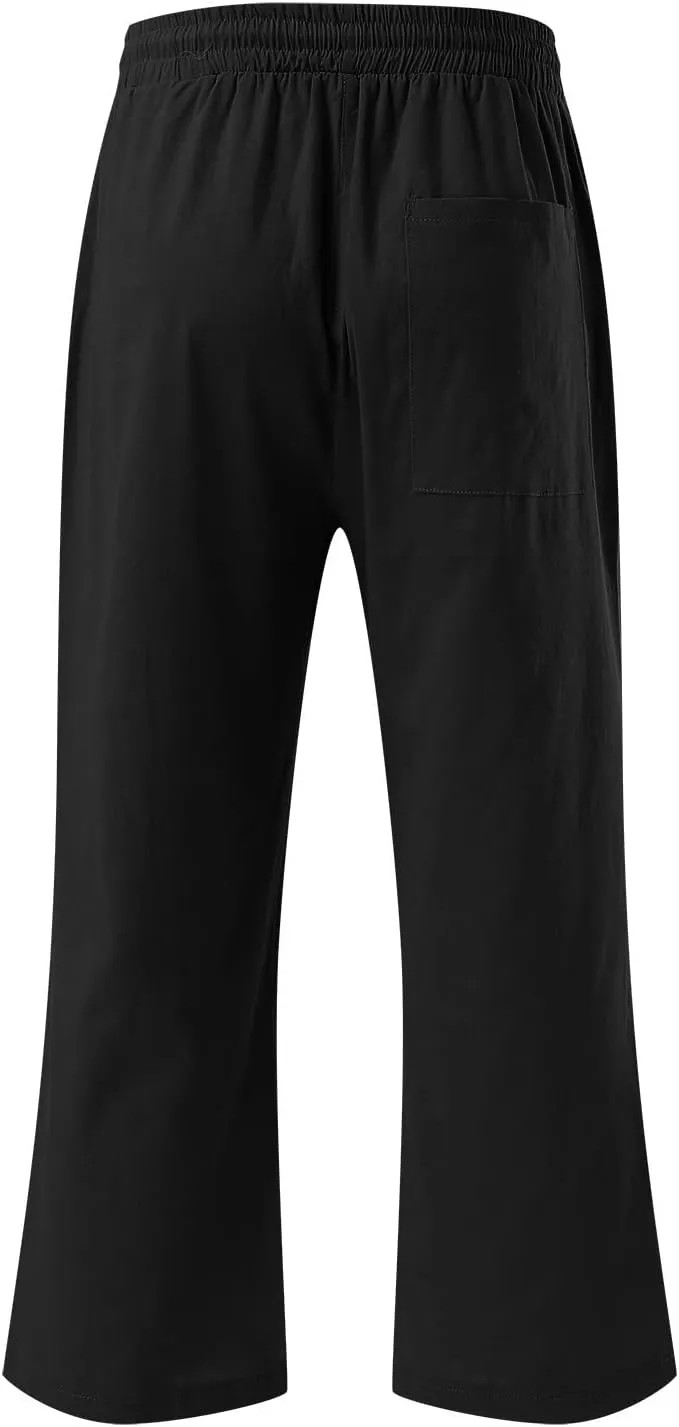 Linen Capri Pants for Women Straight Leg Casual Summer Elastic High Waisted Drawstring Lightweight Cropped Trousers