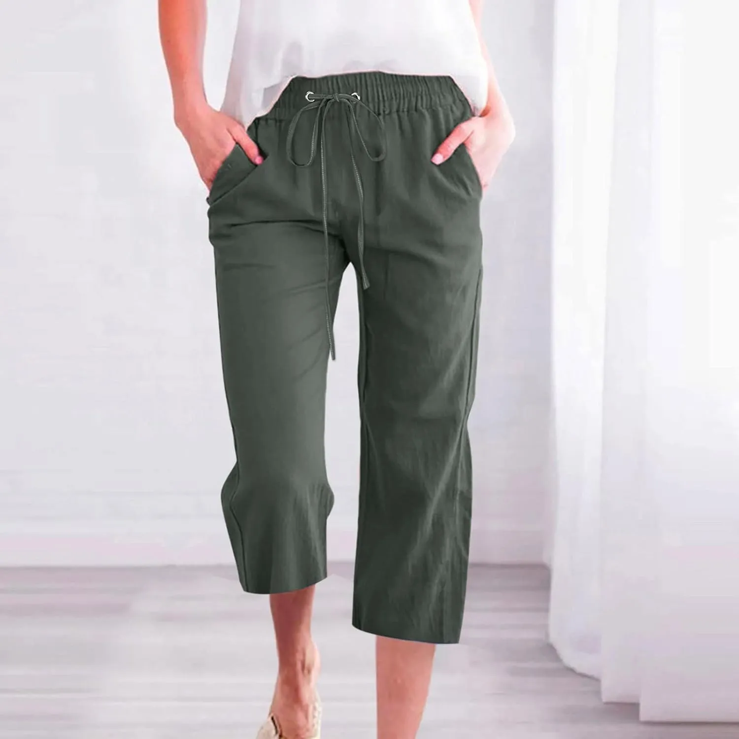 Linen Capri Pants for Women Straight Leg Casual Summer Elastic High Waisted Drawstring Lightweight Cropped Trousers