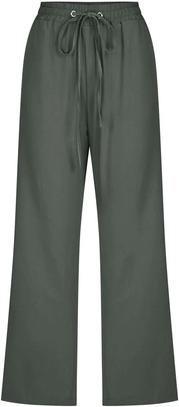 Linen Capri Pants for Women Straight Leg Casual Summer Elastic High Waisted Drawstring Lightweight Cropped Trousers