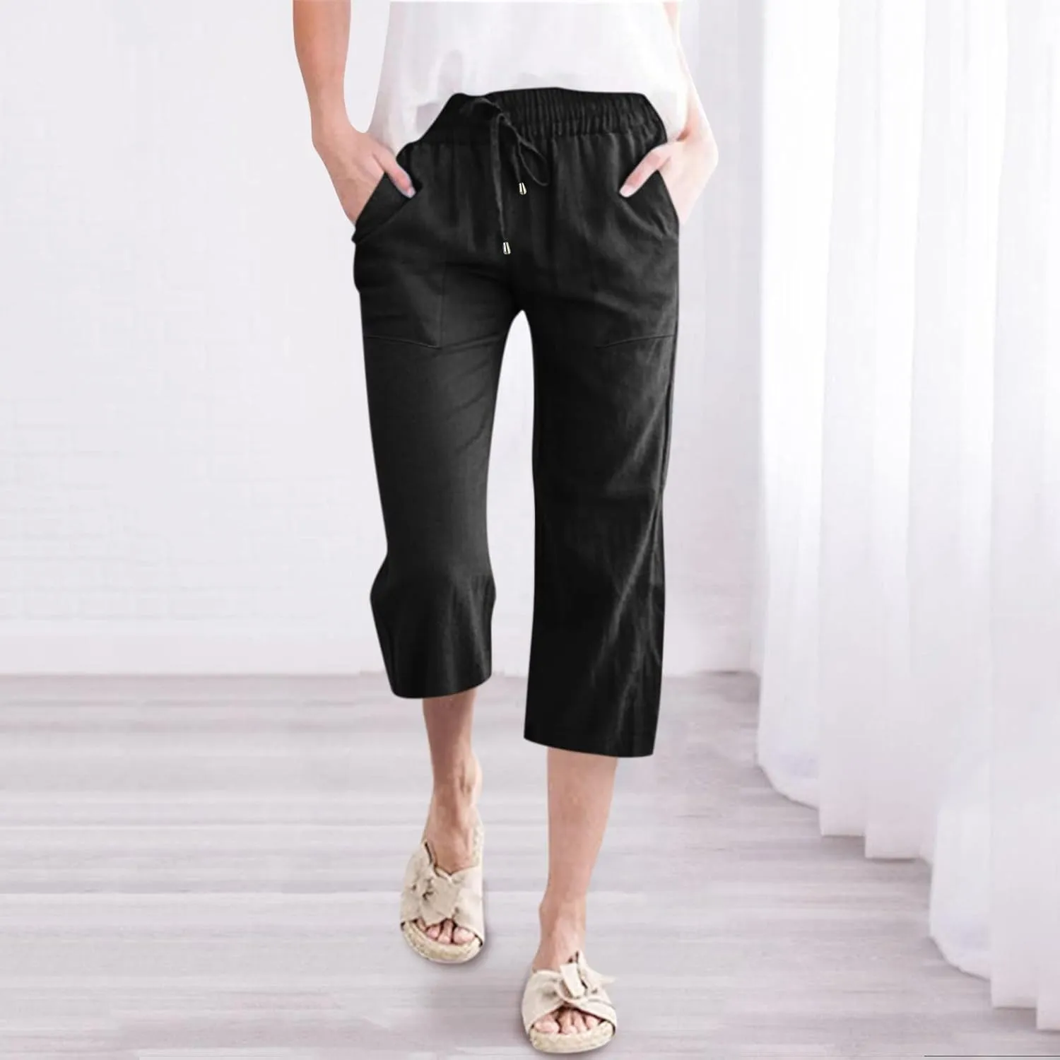 Linen Capri Pants for Women Straight Leg Casual Summer Elastic High Waisted Drawstring Lightweight Cropped Trousers
