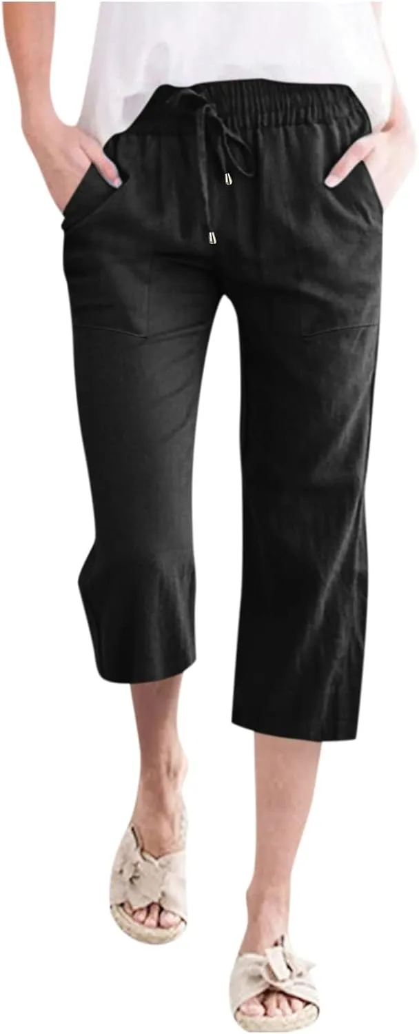 Linen Capri Pants for Women Straight Leg Casual Summer Elastic High Waisted Drawstring Lightweight Cropped Trousers
