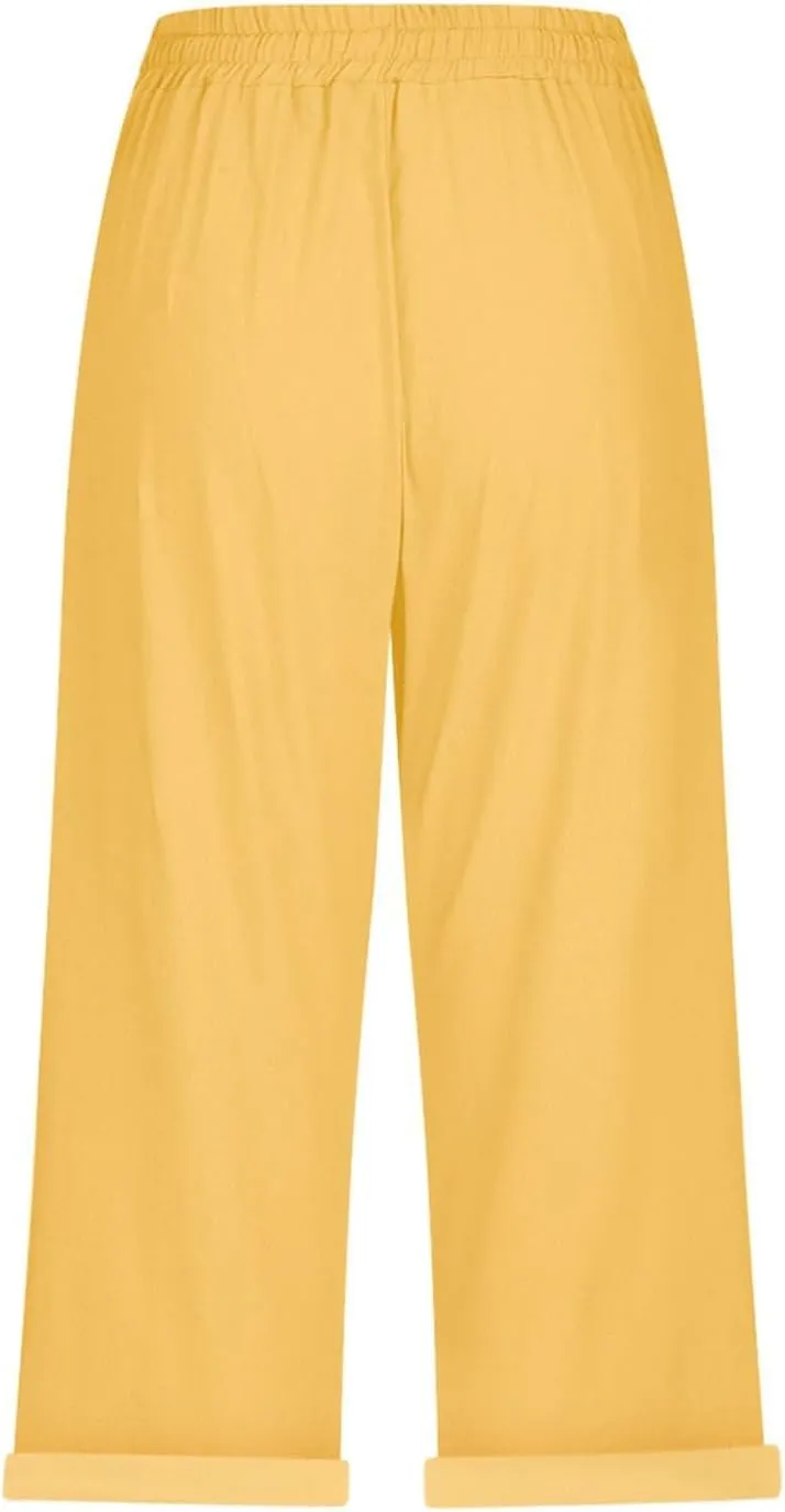 Linen Capri Pants for Women Summer High Waisted Drawstring Pant Comfy Soft Trousers Casual Resort Wear Beach Clothes